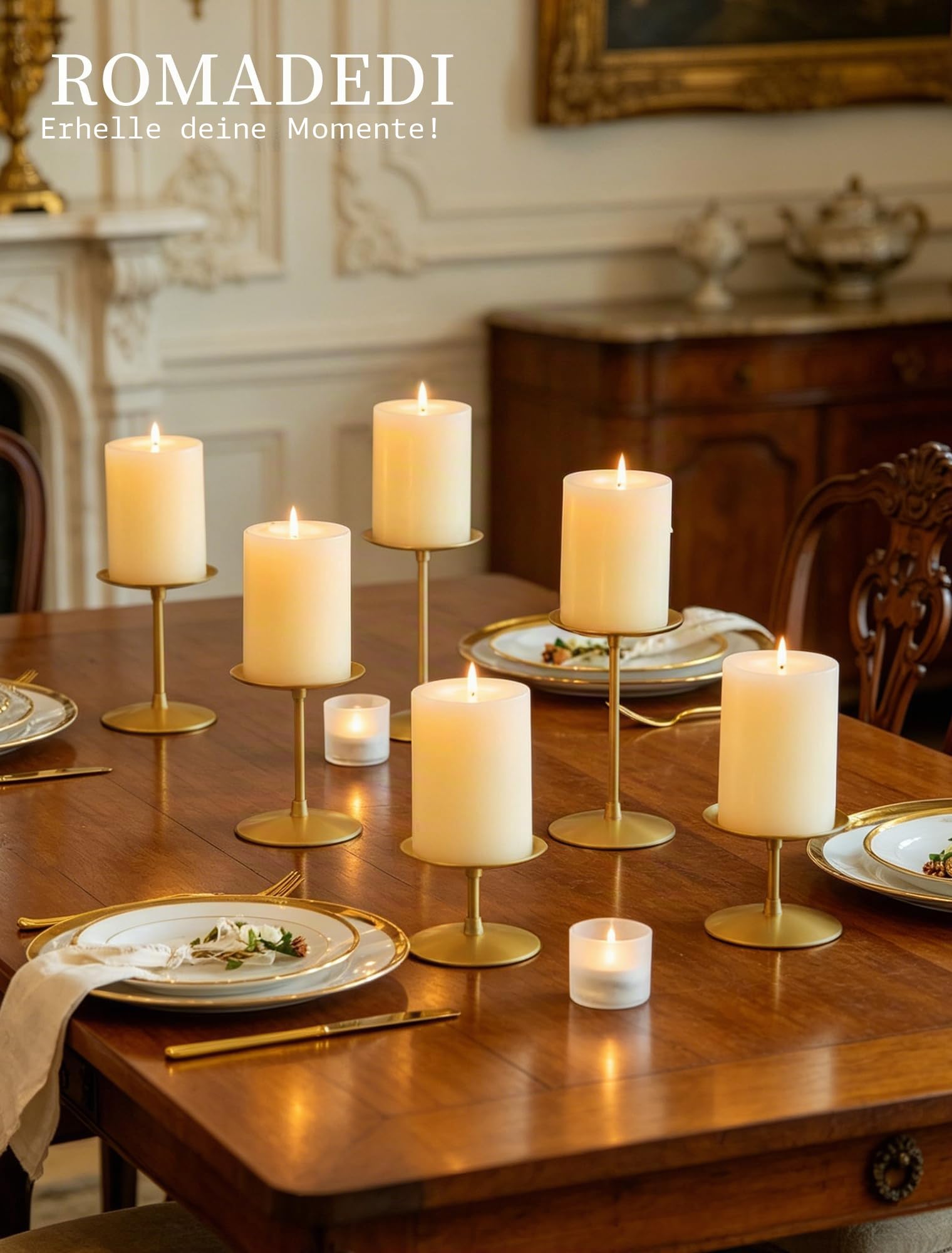 Romadedi Metall Kerzenständer Kerzenhalter Gold – für Stumpenkerzen Kerzen Adventskranz 24er Set Vintage Modern Deko Tischdeko für Weihnachten Hochzeit Wohnzimmer