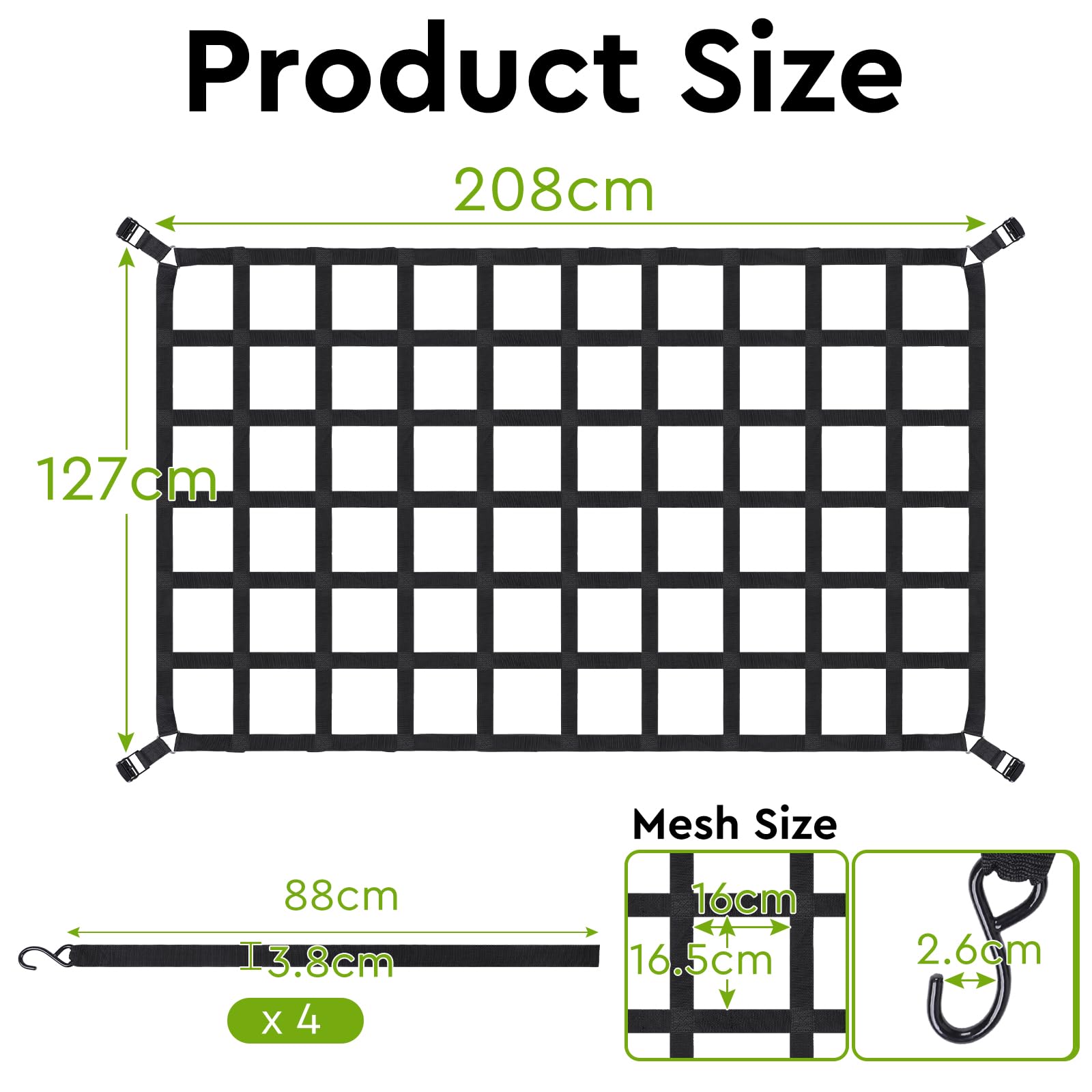 EFUTURETIME Netz Anhänger Gurtbandnetz 208 x 127 cm Frachtnetz, Ladungssicherungsnetz Verstellbar mit Nockenschnalle und 4 Gurtband, Gepäcknetz mit 16 x 16.5 cm Maschenweite für LKW, Auto