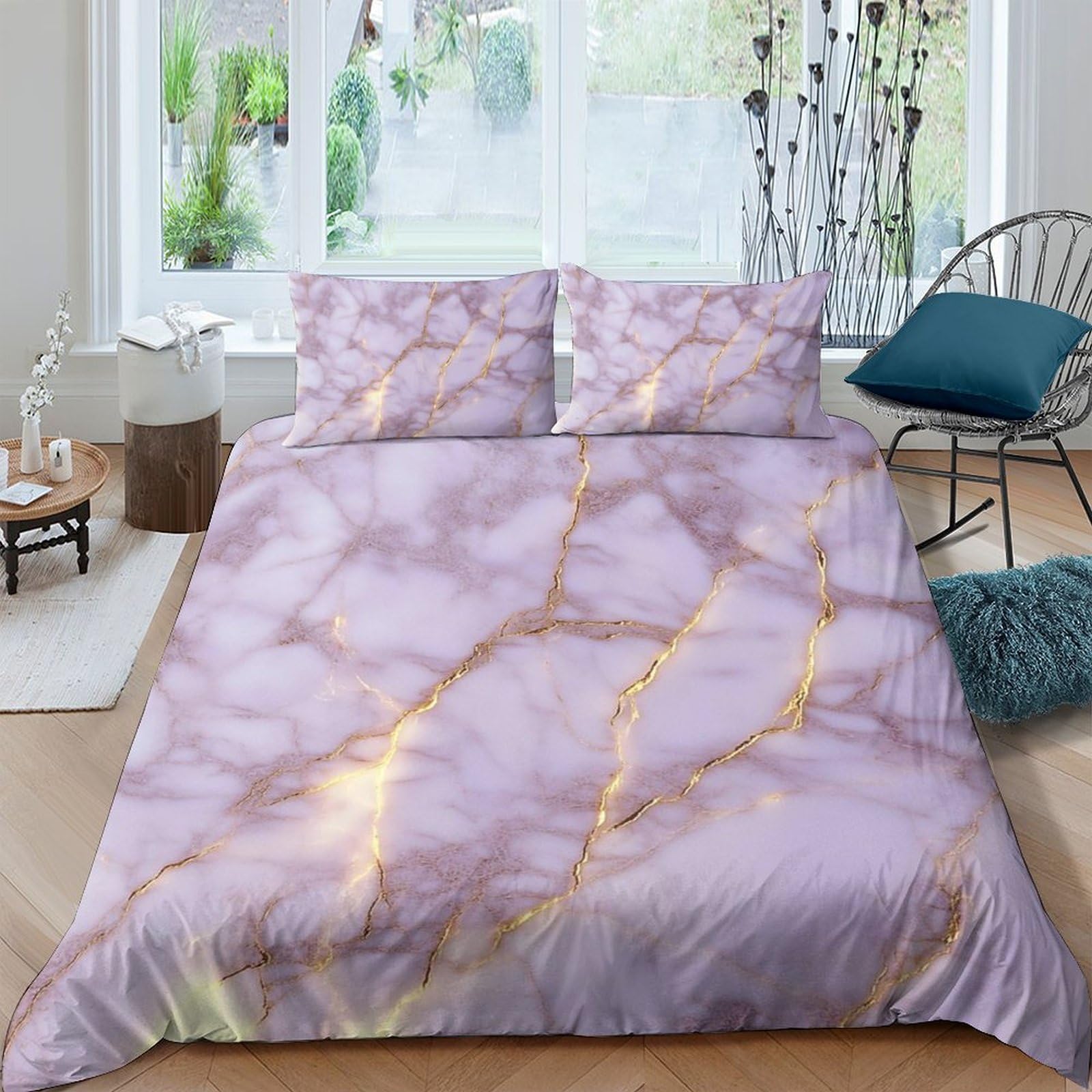 TUFRTGYHN 3D Printed Marble Texture Duvet Cover Set Microfiber Soft Breathable Gold Vein Bedding with 2 Pillowcases for Bedroom Décor Single（135x200cm）