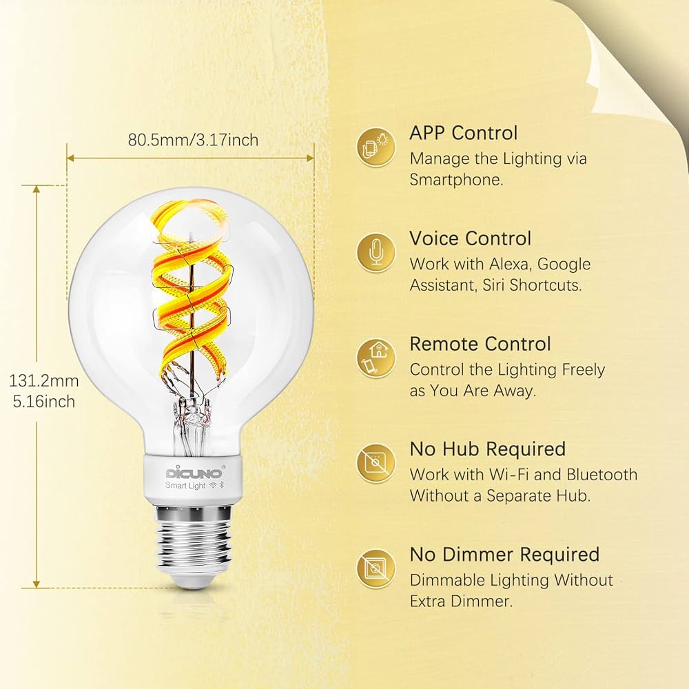 DiCUNO Smart Edison Bulb G80, Color Changing WiFi Smart