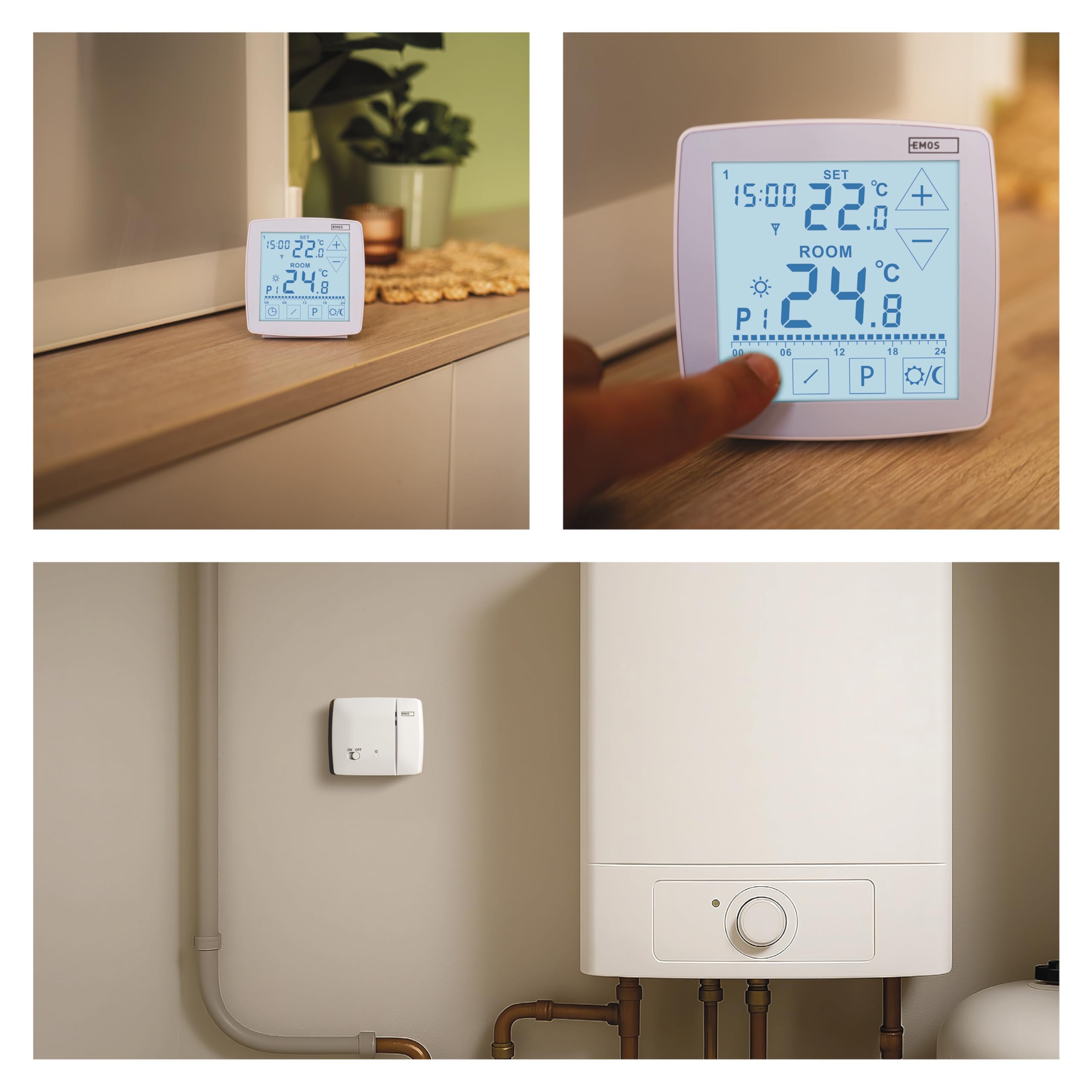 EMOS cyfrowy termostat pokojowy z OpenTherm - programowalny - przenośna jednostka sterująca z dotykowym sterowaniem - systemy ogrzewania i chłodzenia - regulacja temperatury 7-30°C - tryb wakacyjny