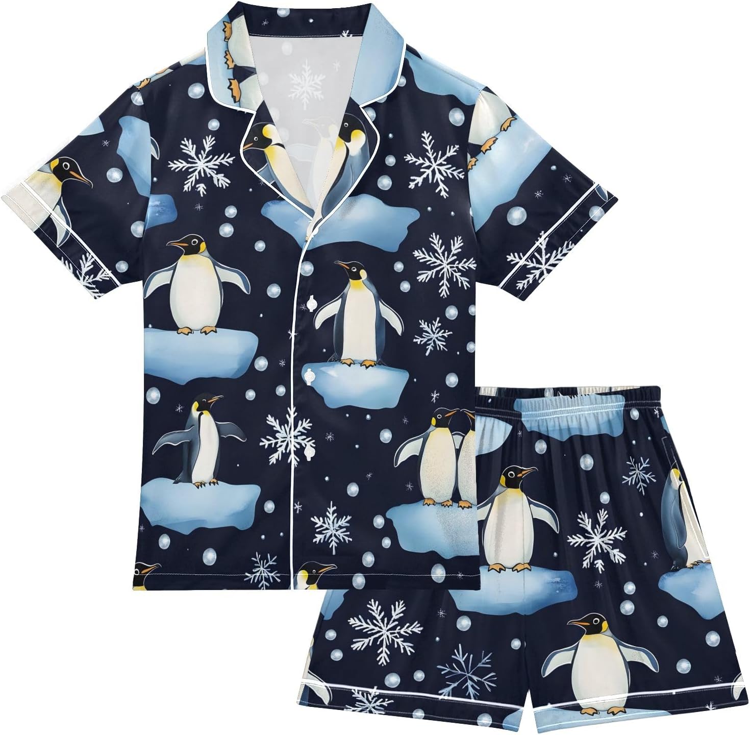 Kids Satin Wear Set Penguin Ice Snowflake Pattern Relaxed Fit Clothing Short Sleeve and Shorts
