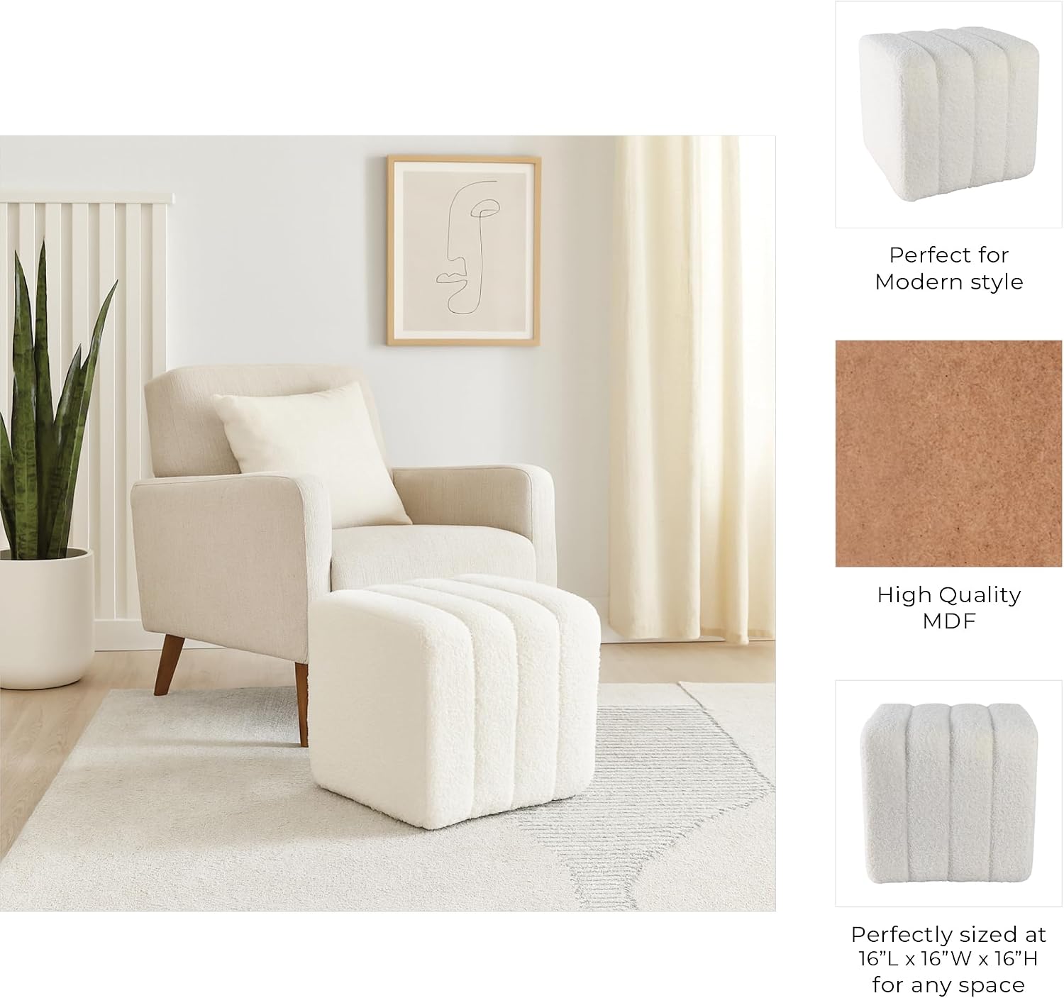 Decorative Ridged Square Ottoman for Home Decor - Stylish Ottoman Perfect for Vanity Chair, Bedroom Stool, and Office Decor - Upholstered Foot Rest for Living Room Furniture - 16", White