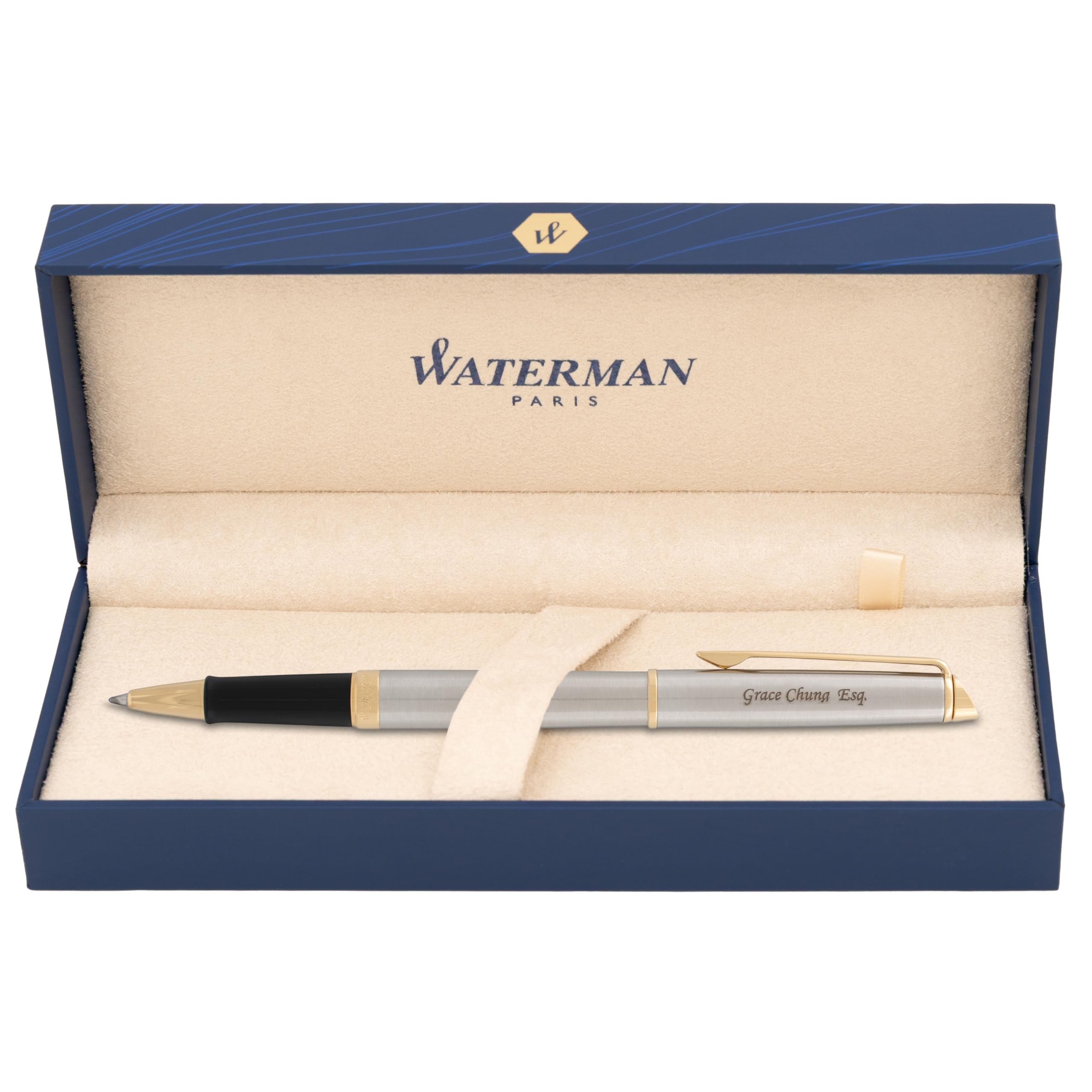 Personalized Waterman Pen | Engraved Waterman Hemisphere Rollerball Pen with Brushed Stainless Finish and Gold Trim. A Luxury Gift Pen with Engraving.