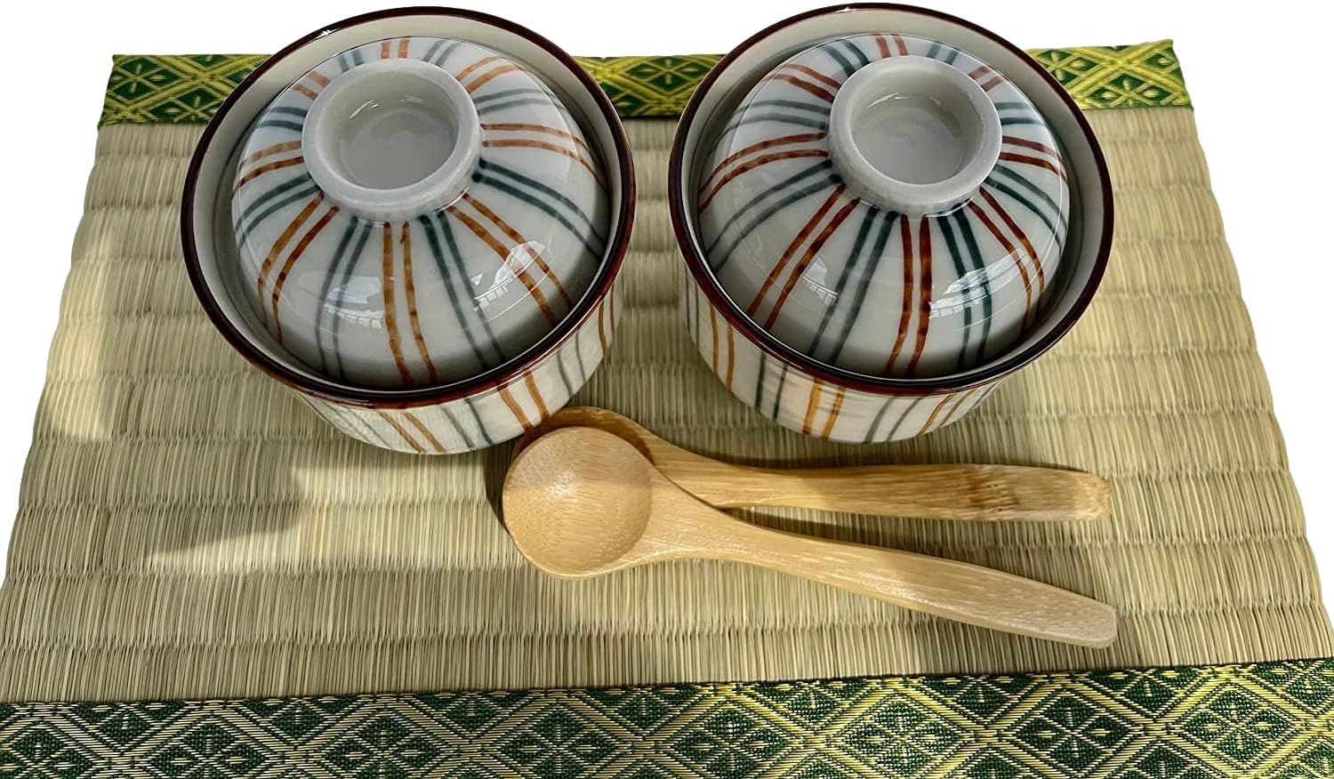 Japanese Porcelain Chawan-mushi Cups with Lid and Spoon, 3.2" dia. x H3.15 Two Color Tokusa Pattern, Mino Ware, Set of 2 (Tokusa S)