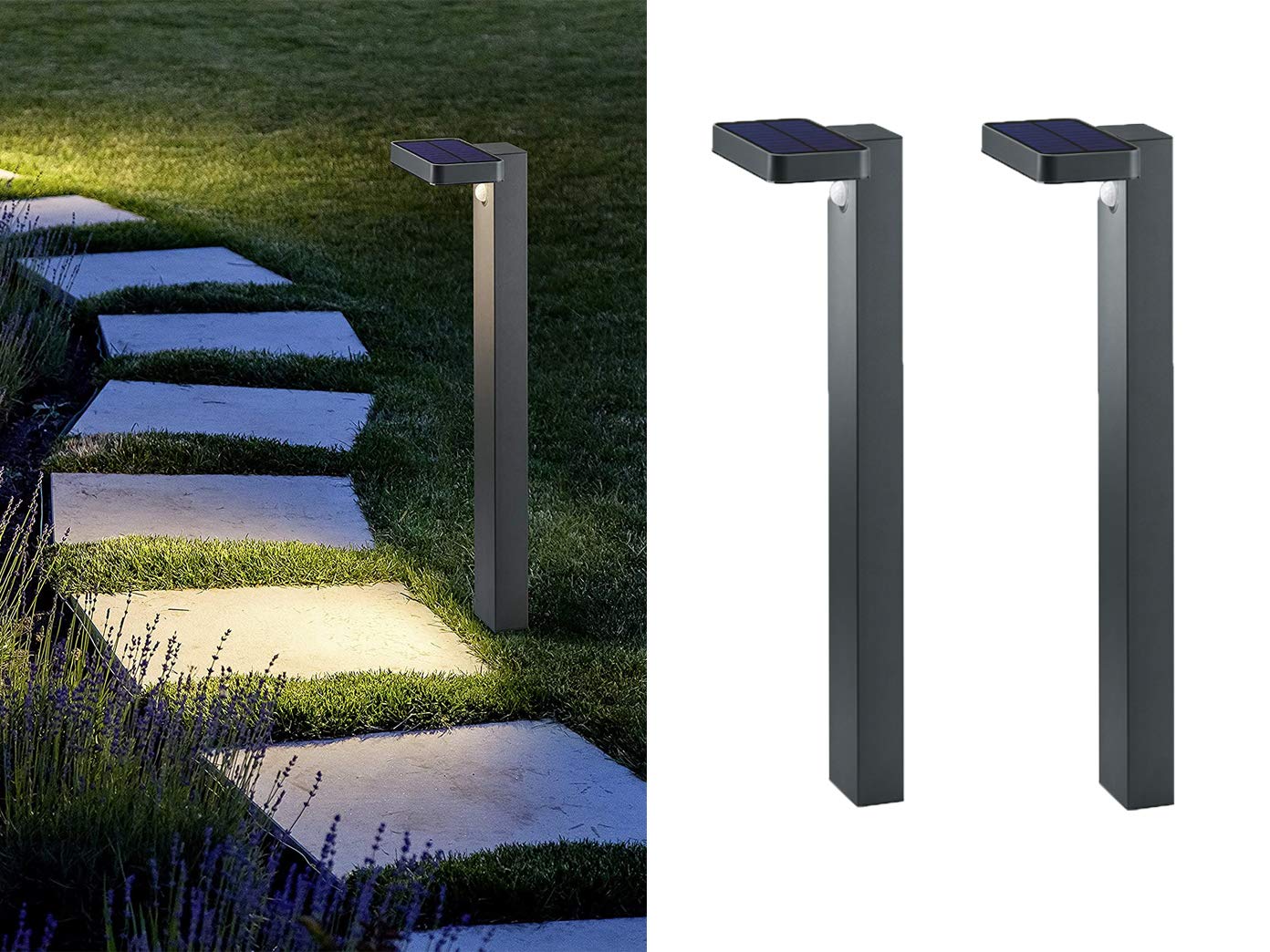 2er-Set LED Solar Wegeleuchten mit Bewegungsmelder Höhe 60cm