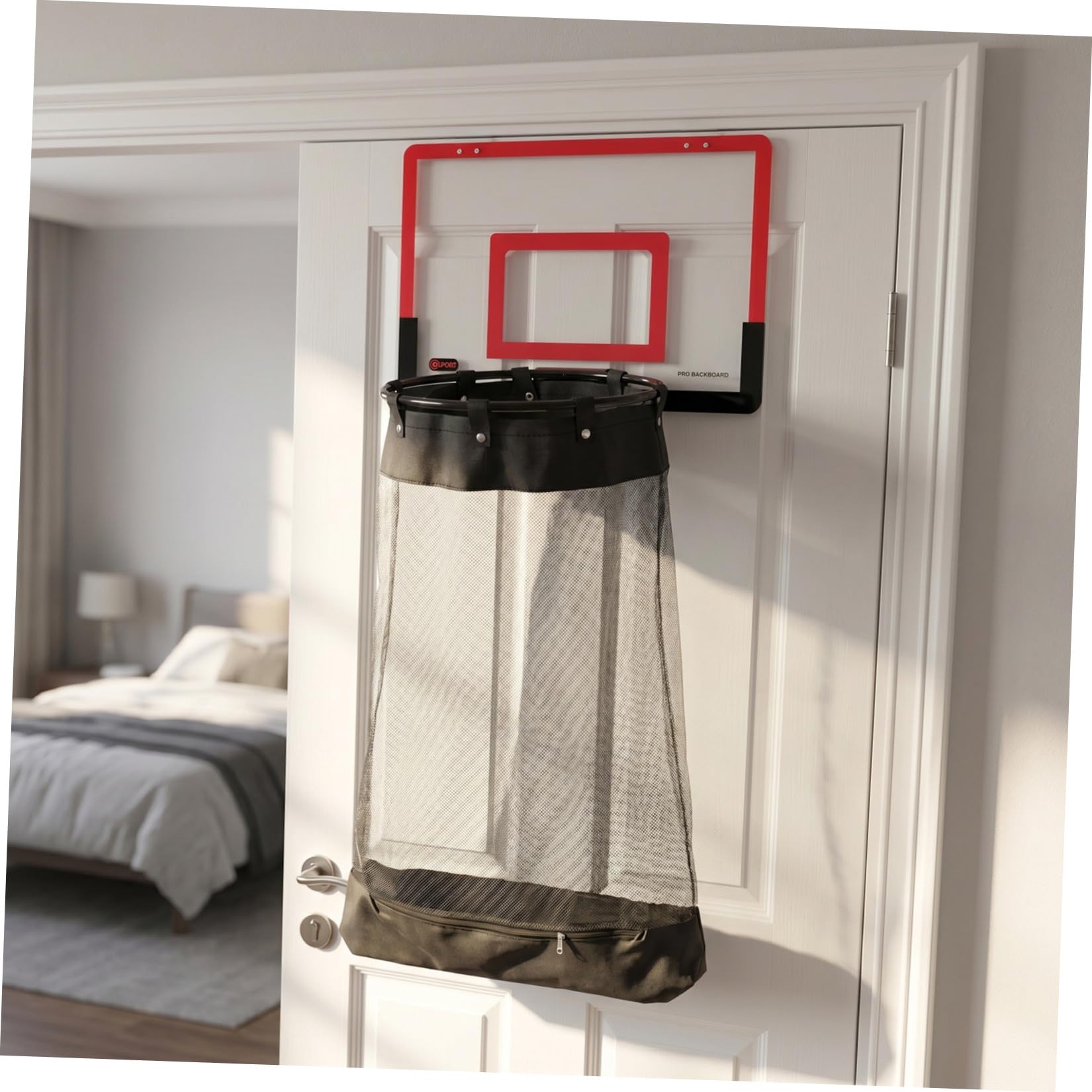SOIMISS Roter Basketball Wäschekorb zum Aufhängen an Tür mit Reißverschluss Kunststoffnetz Platzsparend Interaktives Spiel für Badezimmer und Kleine Wohnungen 106x40x33 Cm