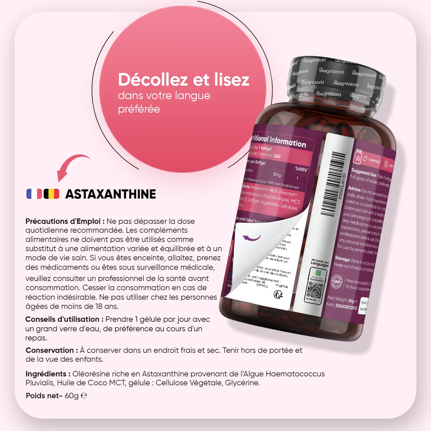 Astaxanthine Naturelle, 240 Gélules Molles Vegan pour 8 Mois, Issue d'Algue Marine Haematococcus Pluvialis Astaxanthine Vegan, sans Gluten et sans Stéarate de Magnésium