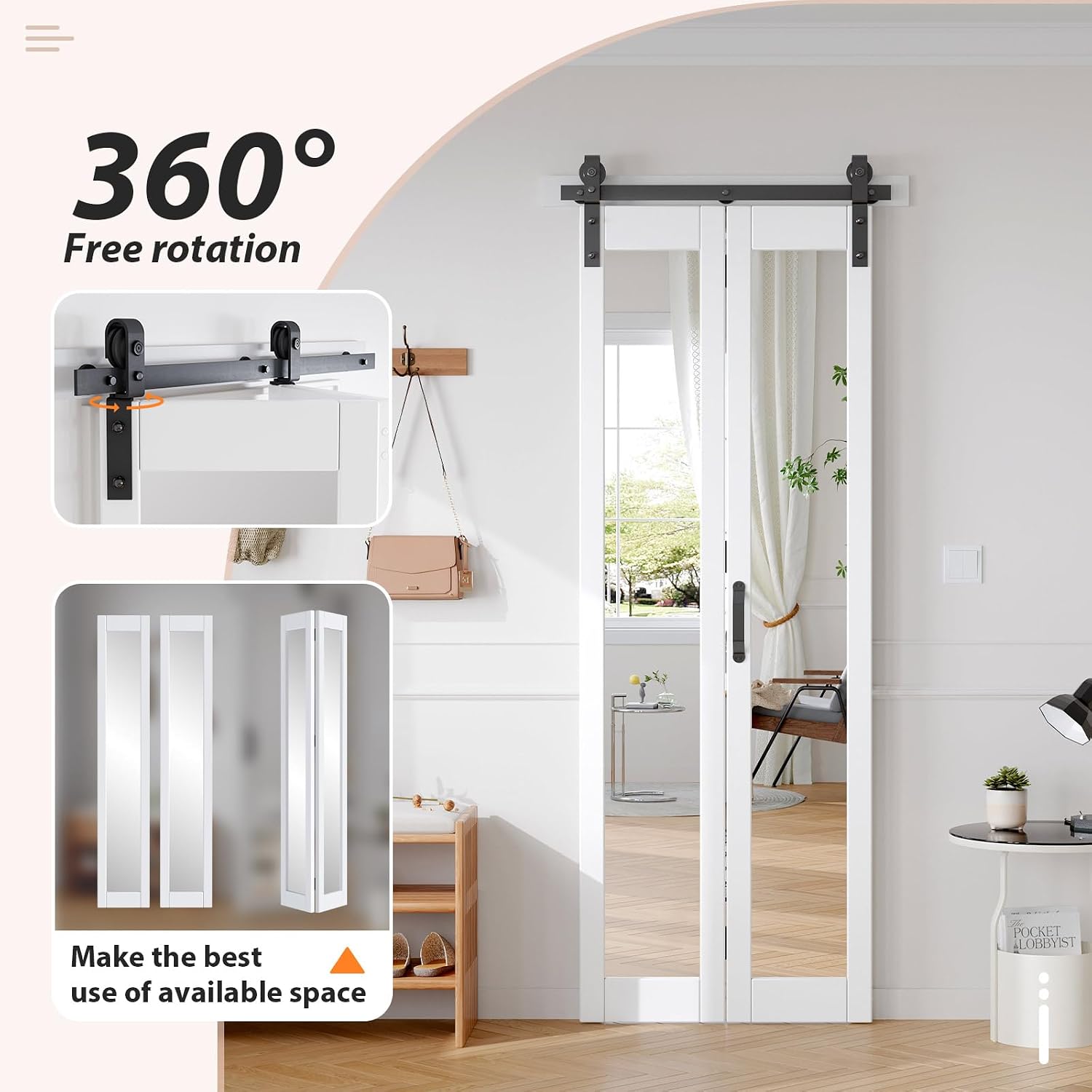 FREDBECK Preassembled Bifold Barn Door 28x84 (Double 14x84) with 1 Lites Mirror,Bi-fold Closet Doors Hardware Kit Included,32" Track for 2 Doors, PVC, White,for Living Room, Bathrooms, Kicthen