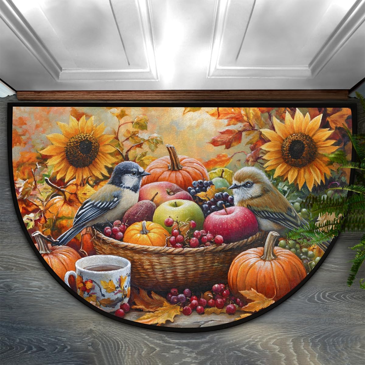 Thanksgiving Pumpkin Flowers Half Round Door Mat Autumn Non Slip Washable Semi Circle Area Rug Absorbent Soft Half Moon Rug Floor Mat for Indoor Outdoor Kitchen Bathroom Patio Front Door Mat Decor