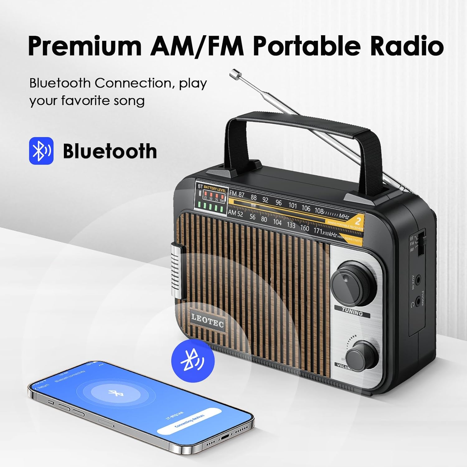 A smartphone screen showing Bluetooth settings with 'LT-BT01AR' selected, next to the LEOTEC radio, indicating a successful Bluetooth connection.
