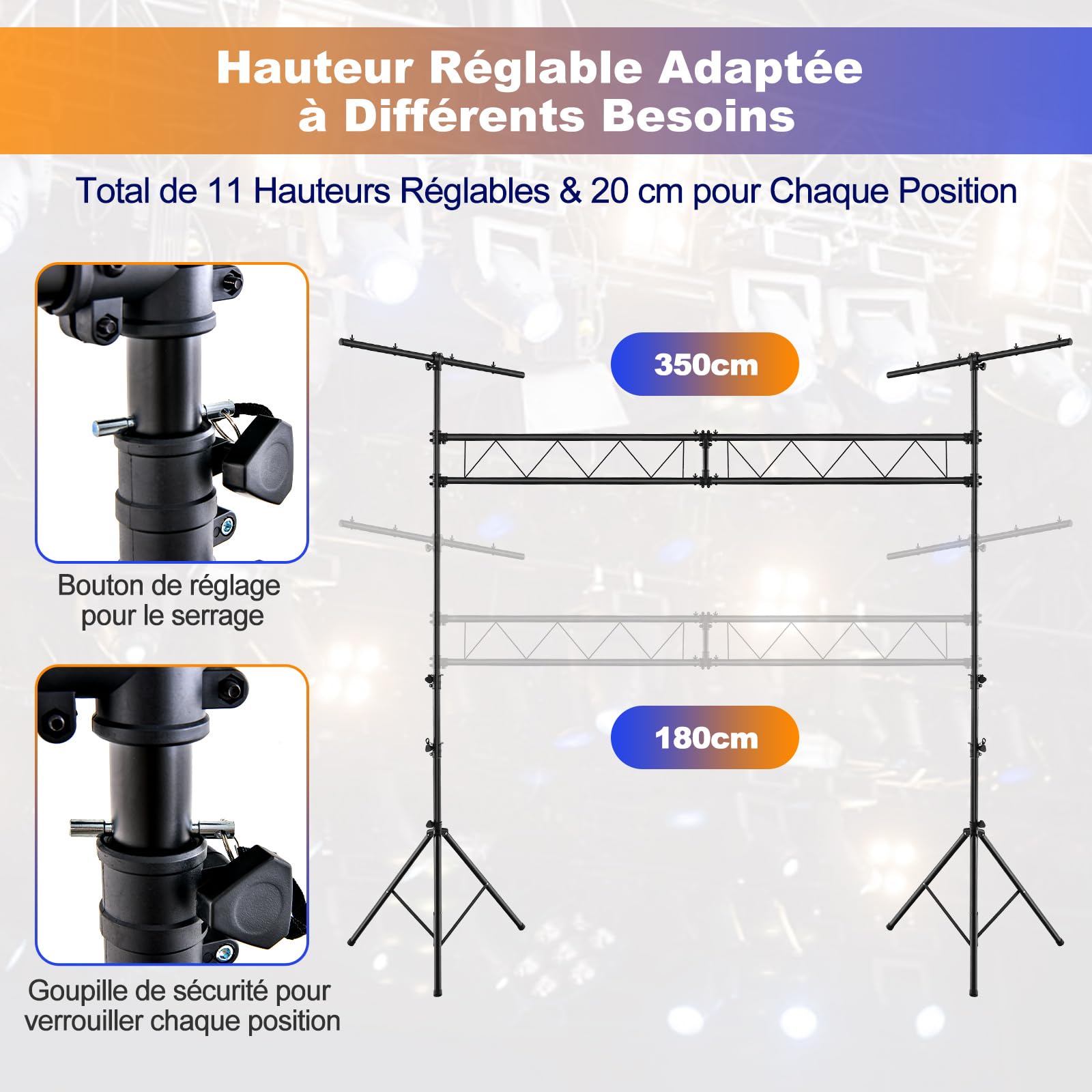 COSTWAY Support d'Éclairage LED avec Hauteur Réglable 180 à 350 cm Charge 100KG, Support de Lumière Trépied Portable avec barre en ‘T’, pour Scène Concerts Théâtres Cérémonies Fêtes