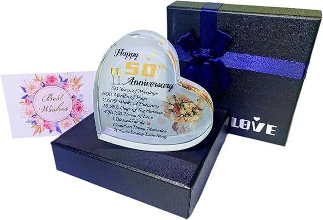 50th Golden Wedding Anniversary Romantic Gifts for Women,50 Years Anniversary Wedding Gifts for Wife Girlfriend Couple, Crystal Heart Marriage Keepsake,50th Wedding Anniversary Present for Her Gold