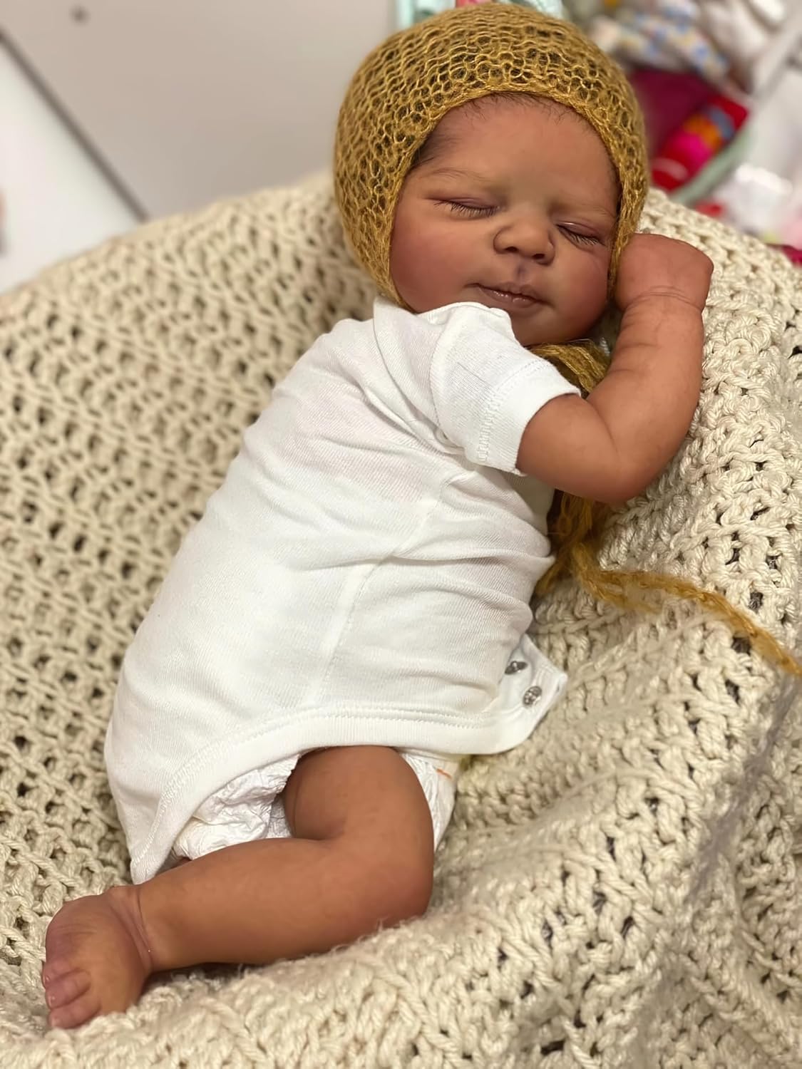 Wamdoll 19 Inch Realistic Reborn Baby Doll Lifelike Newborn Dolls Full Body Vinyl Sleeping Baby Boy Doll with Rooted Hair African American Skin Handcrafted Collectible Gift