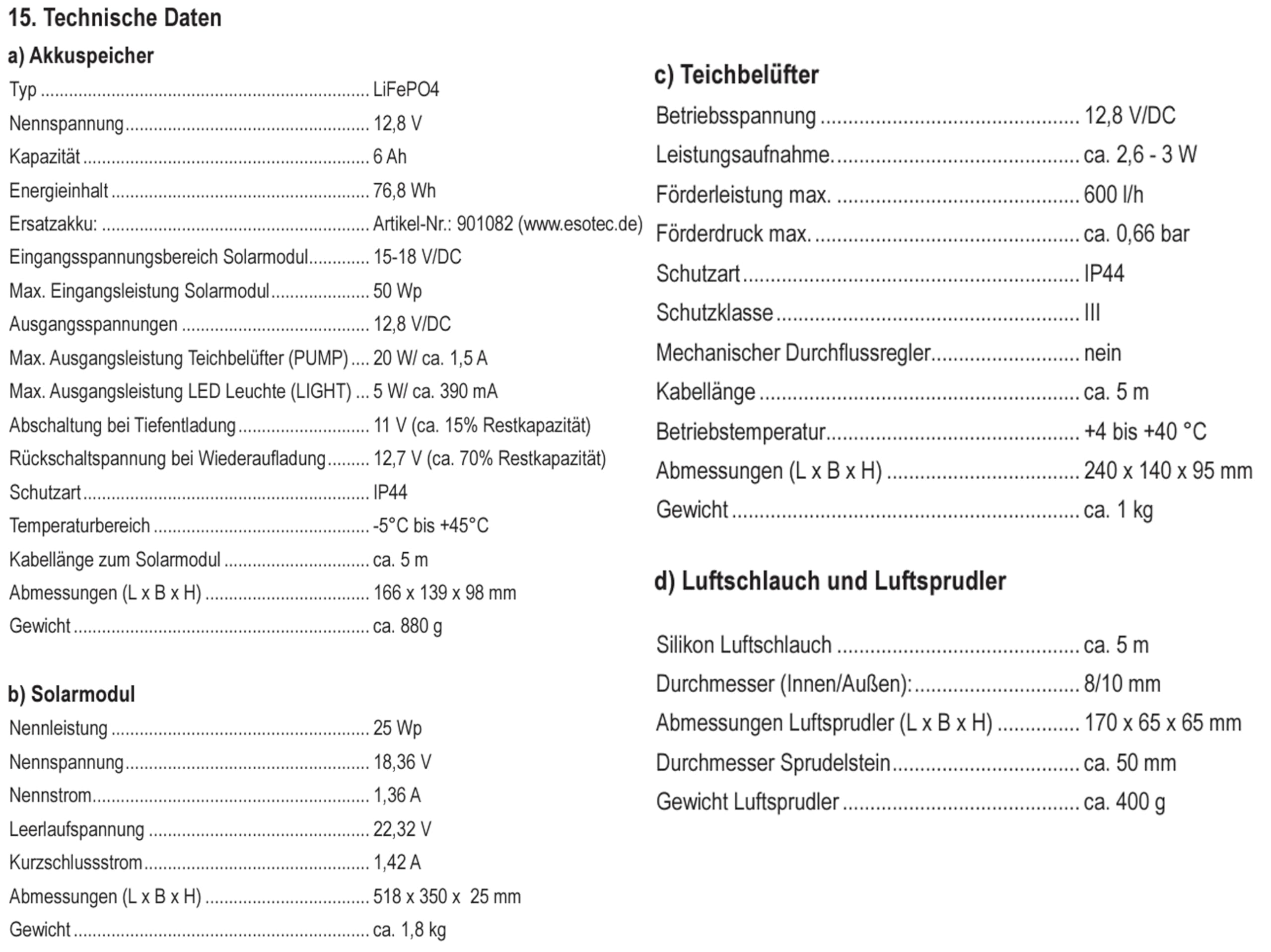 Esotec Solar Teichbelüfter Set 25/600, LiFePO4 Akku, 12,8V/DC Sauerstoffpumpe, 600 l/h Luftleistung, Gartenteich Luftpumpe, Teichbelüftung, Solarpanel 25W, Erdspieß 101876