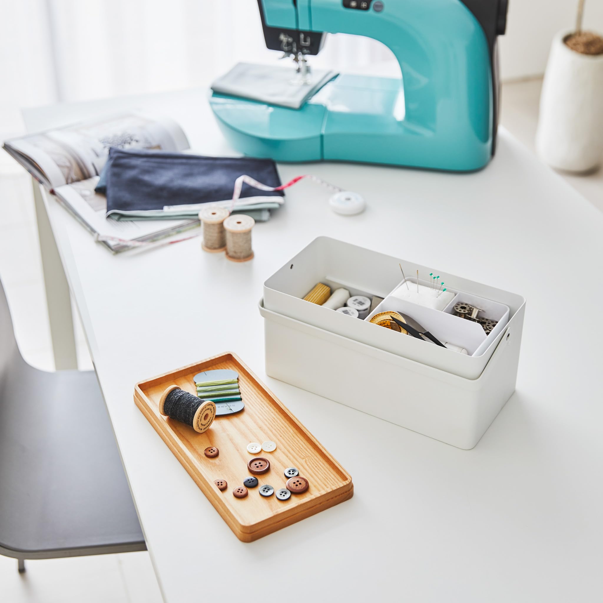 Yamazaki 5060 TOWER Sewing Box, white, Steel/Wood/ABS Resin/Cotton/Polyester, 27 x 14 x 13.5 cm