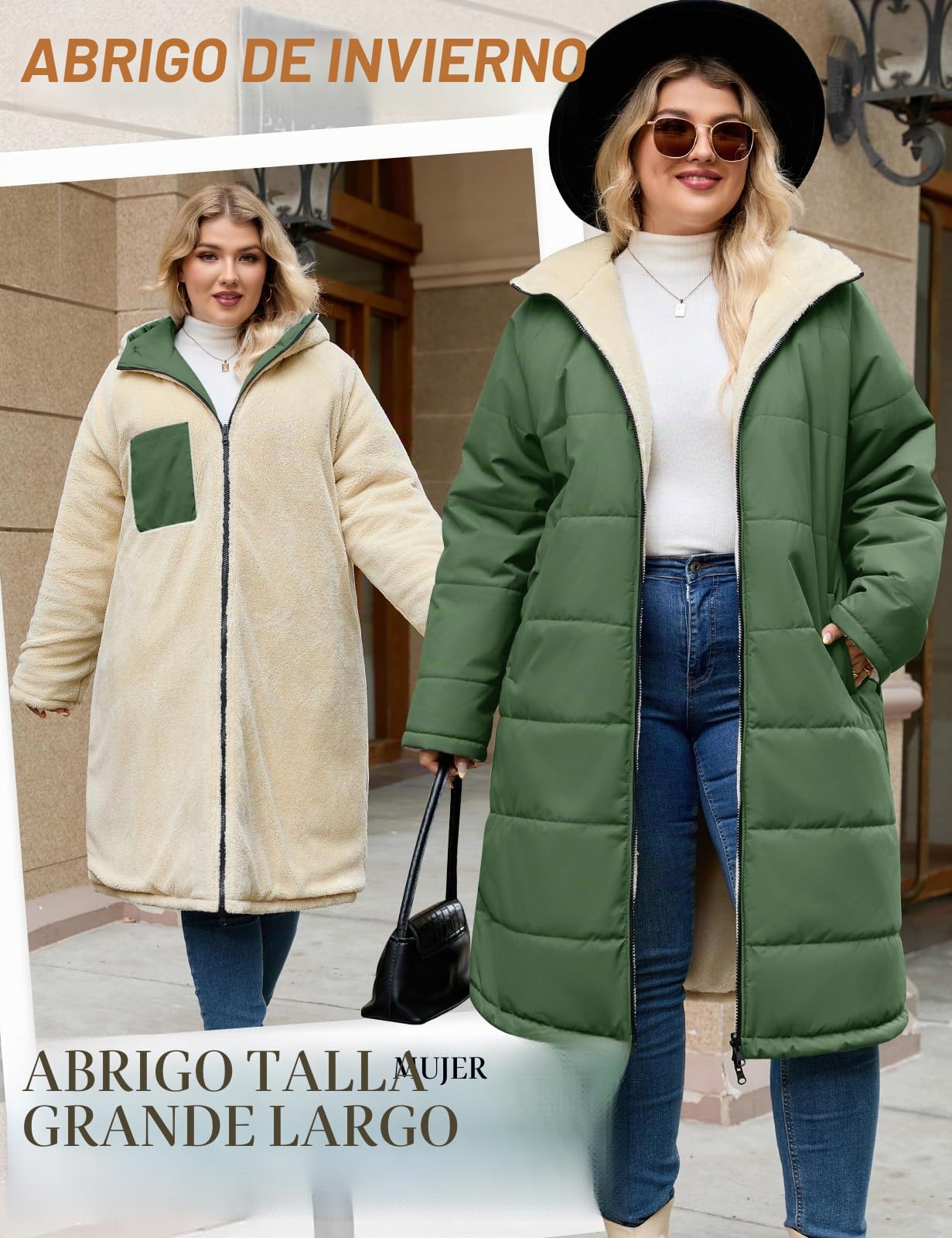 CMTOP Abrigos Mujer Invierno Largo Talla Grande, Resistente al Viento Cálido Chaqueta Reversible Abrigo, Abrigada Parka Abrigo Acolchado con Capucha y Cremallera