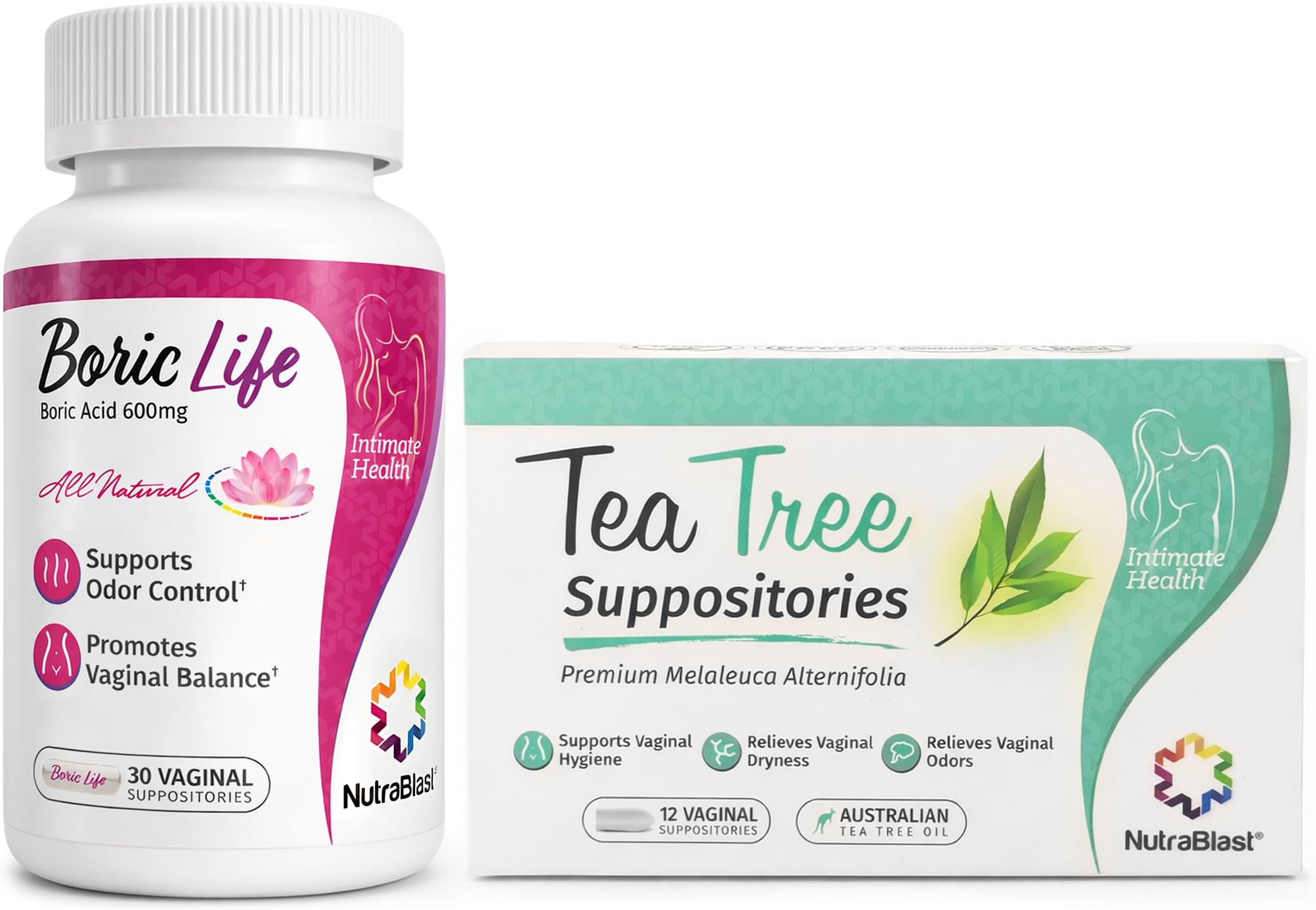 Boric Acid Suppositories 600mg (30 Count) Bundle with Tea Tree Oil Suppositories (12 Count) | All Natural Intimate Deodorant for Women | Restore Feminine pH Balance