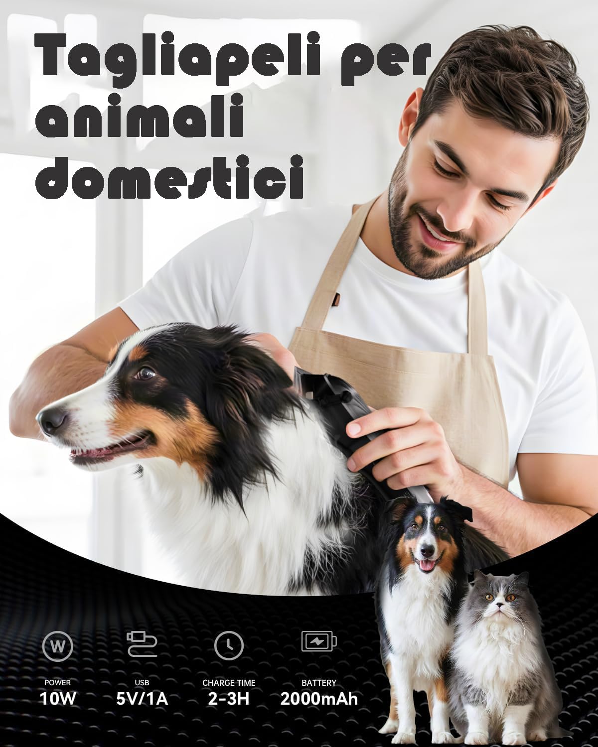 Tosatrice per cani professionale pelo lungo, senza fili, display a LED, a basso rumore, ricaricabile, con kit per la toelettatura delle unghie