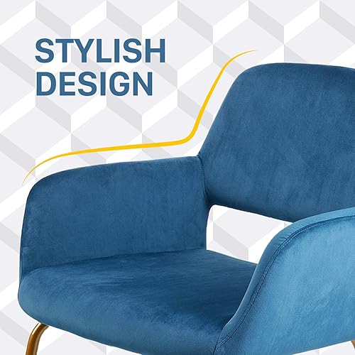 Miniatura 4 de CLATINA Juego de 4 sillas decorativas cómodas de terciopelo azul con reposabrazos y patas de metal dorado sólido para comedor, sala de estar,