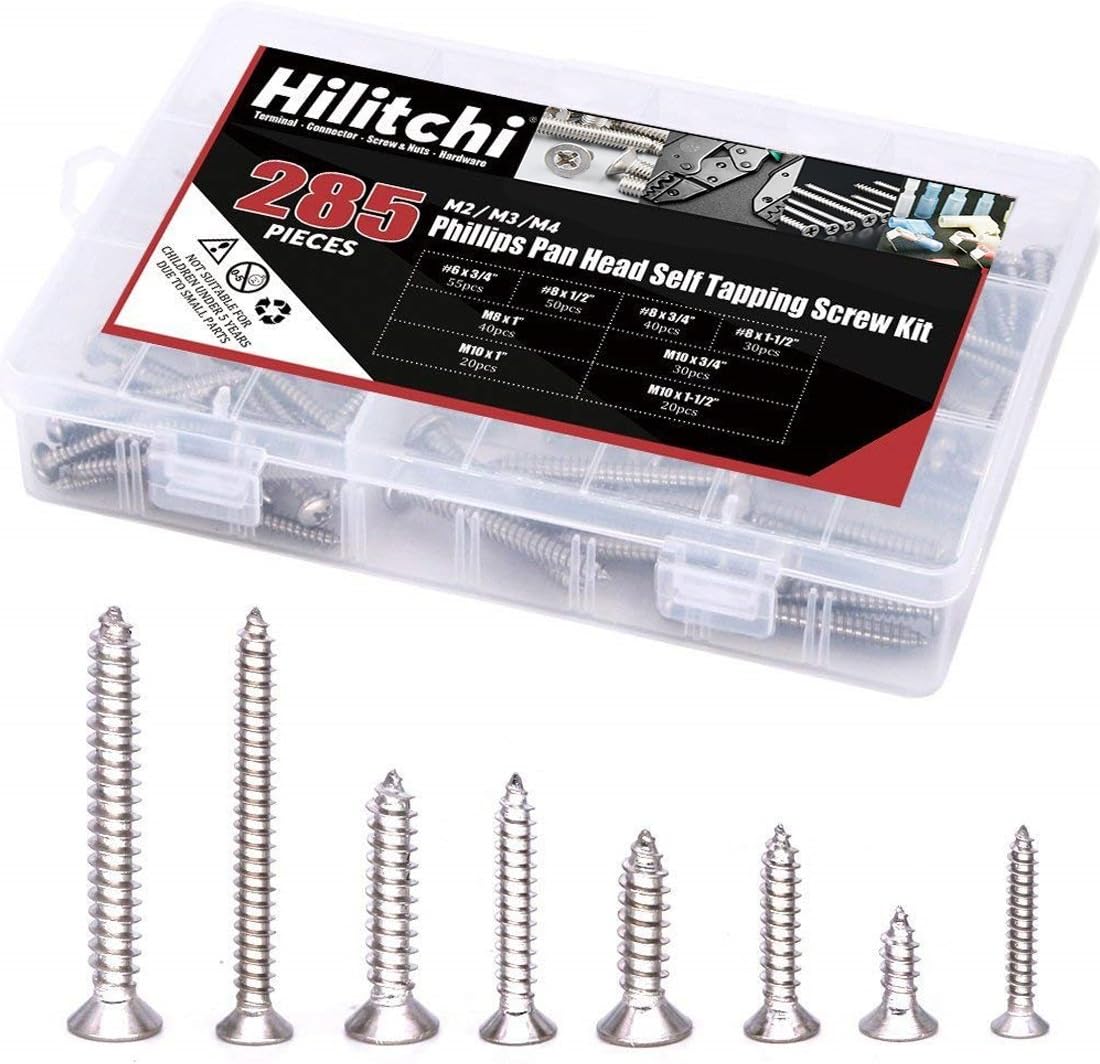 Hilitchi 285-Piece Stainless Steel Phillips Flat Head Self Tapping Screw Assortment Kit (Flat Head)