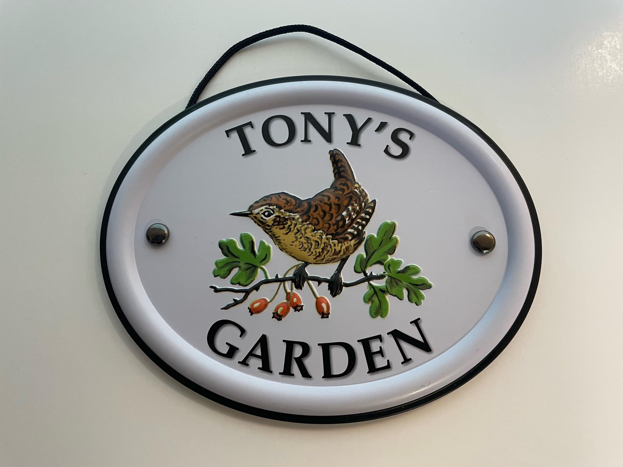 Personalised Embossed Metal Garden Sign 12x15cm – British Bird Design – Outdoor Decorative Hanging Garden Plaque – Weatherproof Metal Sign for Garden Walls Fences or Sheds (Tony)