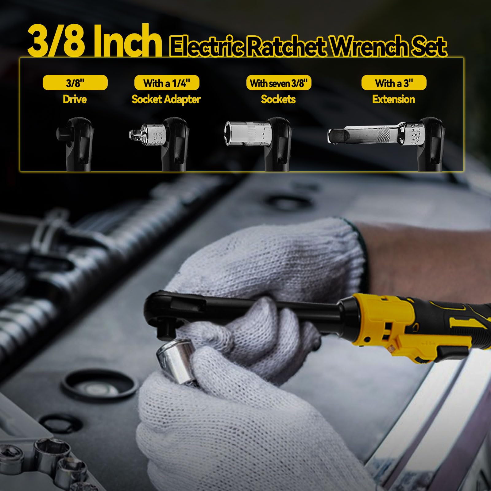 Llave de carraca eléctrica de 3/8" con batería para Dewalt 20 V, accionamiento de barra extendido de 16 cm, con luz LED, 320 rpm, 80 Nm (sin batería)