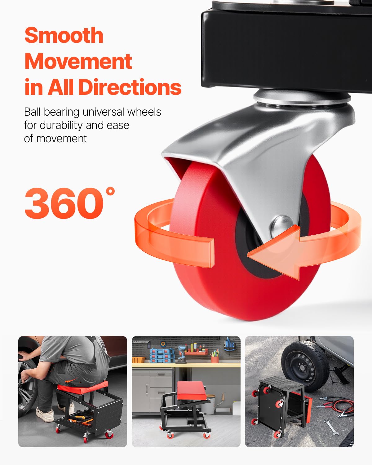 VEVOR Tabouret d'Atelier sur roulettes, Tabouret de Mécanicien avec Capacité de Charge Max. de 136 kg, Siège ou Escabeau de Garage Pivotant à 360°, avec Plateau à Outils, pour Réparation Automobile