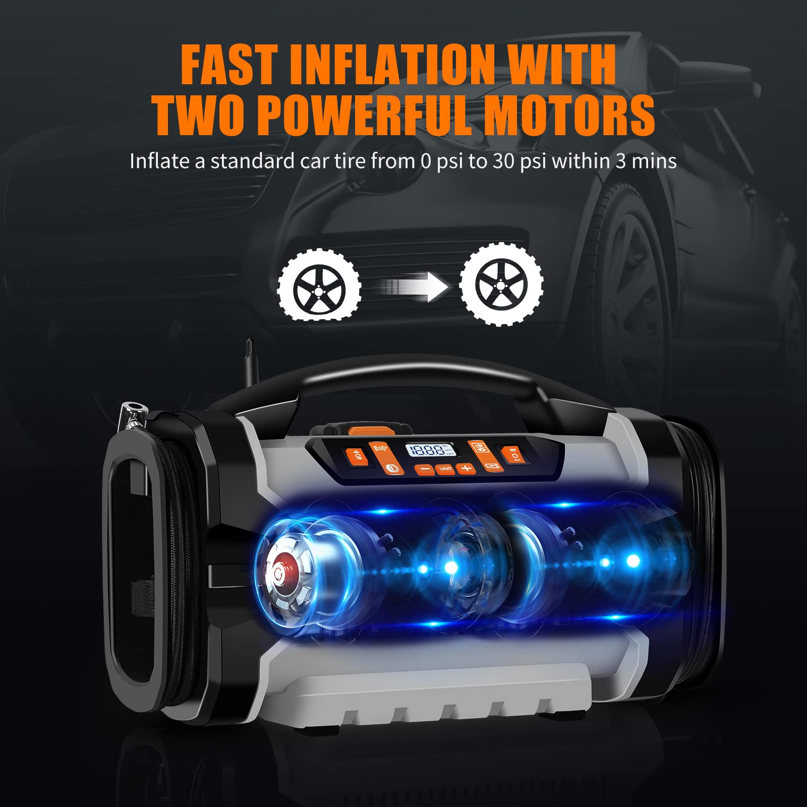 WORKSITE Tire Inflator Air compressor Portable, 160 PSI Car Tire Pump with 3 Power Supply (110V AC, 12V DC & 20V Battery), Inflation & Deflation Modes, Dual Powerful Motors, Gray