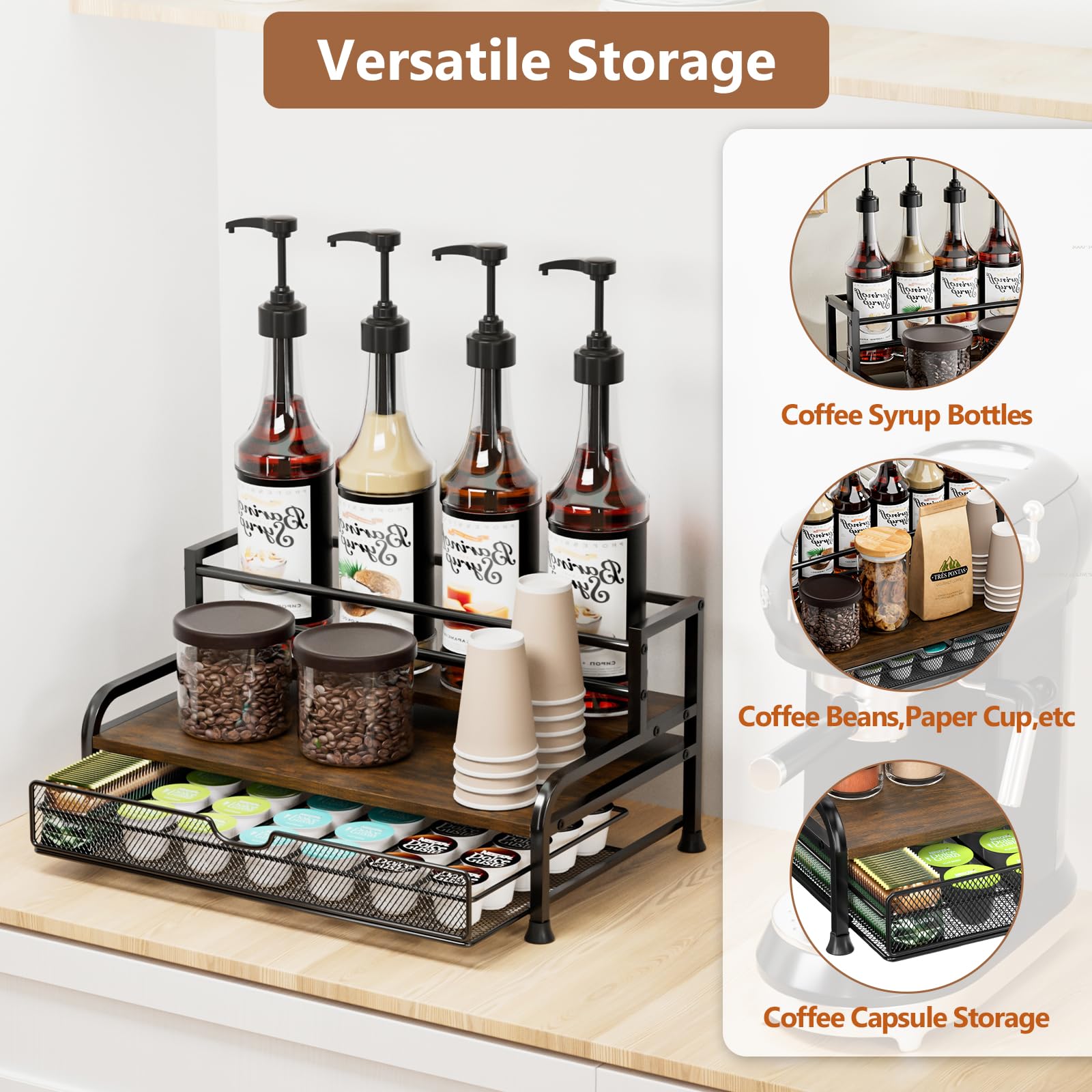 Organizador de jarabe de café, 3 niveles, 8 botellas, con cesta de almacenamiento de 35 K para barra de café, soporte para botellas de encimera para vino, aderezo para cocina, estación de café 3