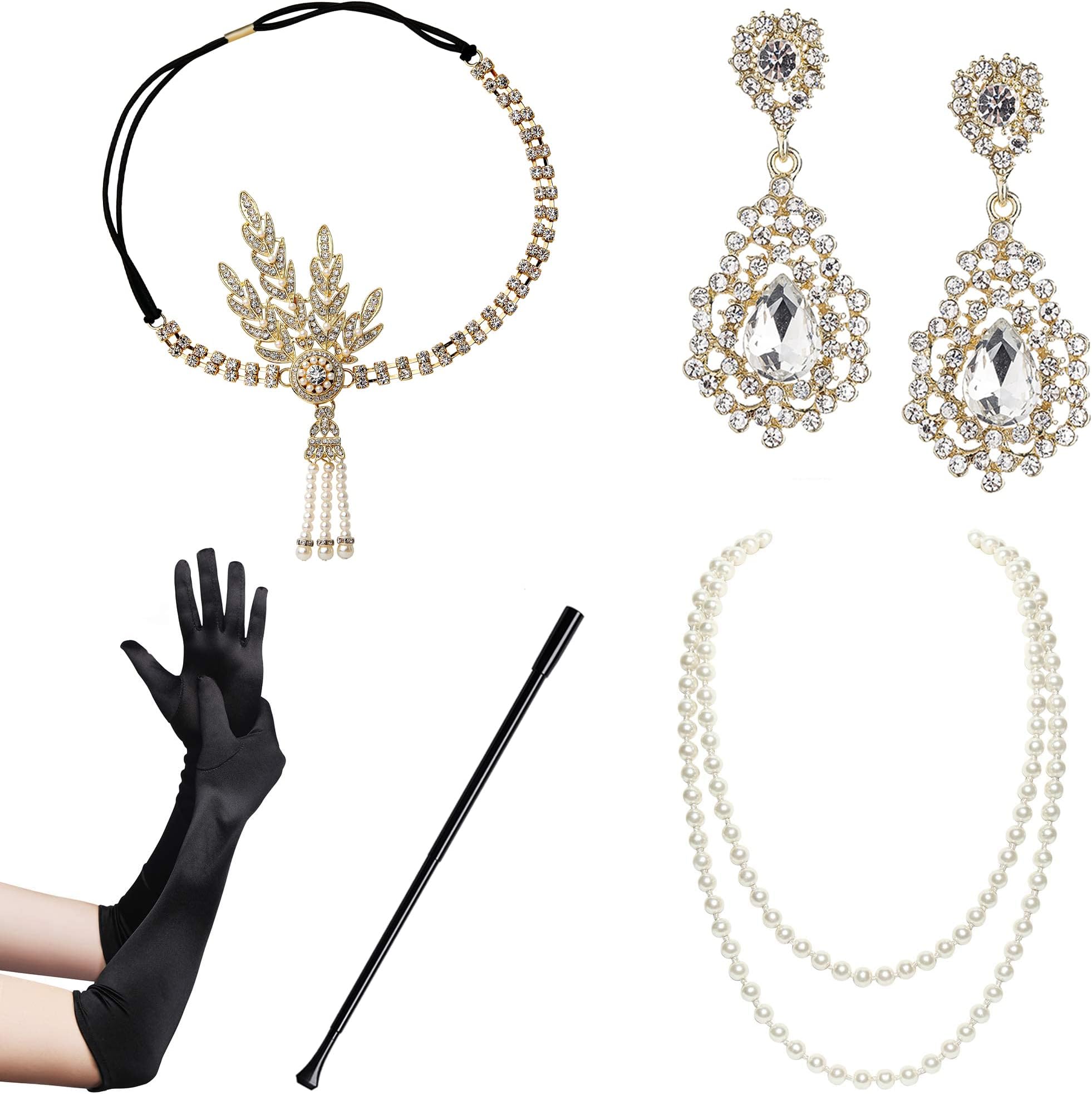 1920s Accessories for Women - Flapper Headpiece Great Gatsby Accessories for Women Pearl Bracelet Necklace Gloves