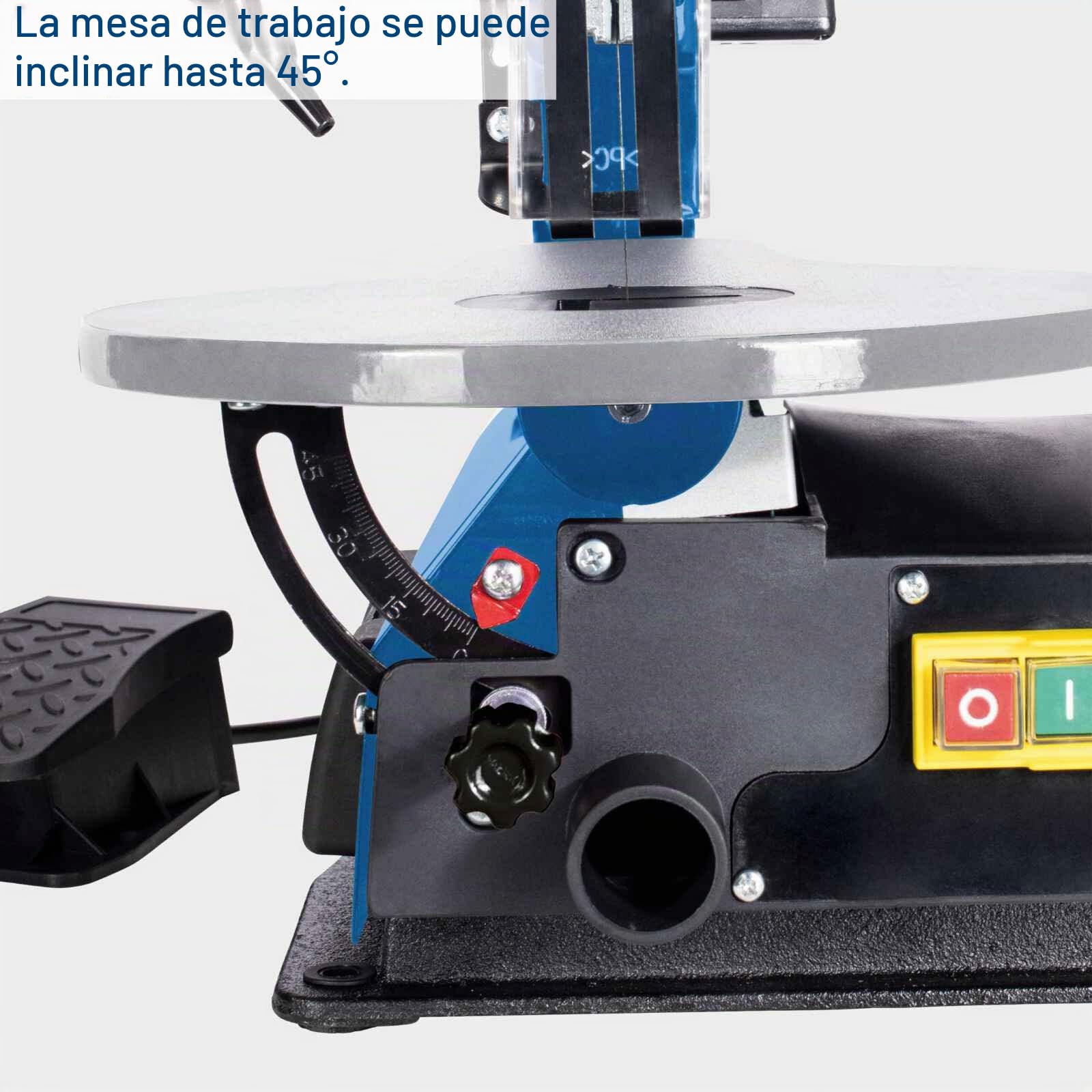 scheppach DECO-XLS - Sierra de calar (120 W, altura de corte: 50-406 mm, altura de elevación de 12 mm, 500-1700 rpm, interruptor de pie, lámpara de trabajo LED)