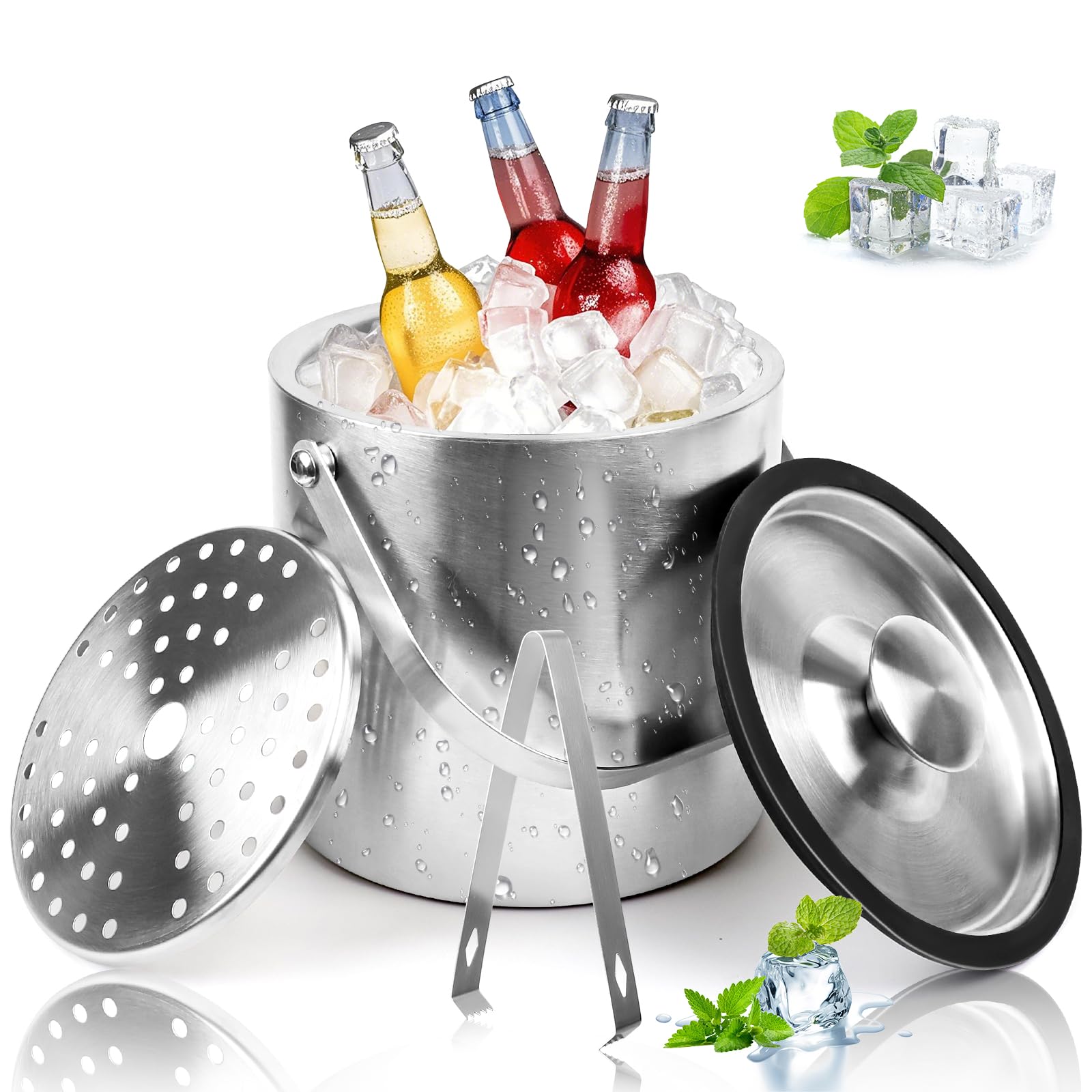 3L Secchiello Ghiaccio in Acciaio Inox, Secchio per Ghiaccio in Acciaio Inossidabile Isolato a Doppia Parete con Pinze e Colino, Secchiello Termico per Cubetti di Ghiaccio per Cocktail Bar, Feste
