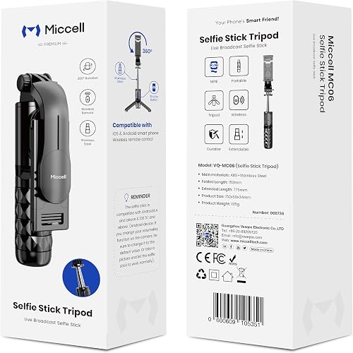 MC06 Selfie Stick Tripod with Wireless Remote, 360° Rotation Portable Foldable Selfie Stick, Stainless Steel Extendable Phone Tripod Stand for iPhone & Android Smartphones