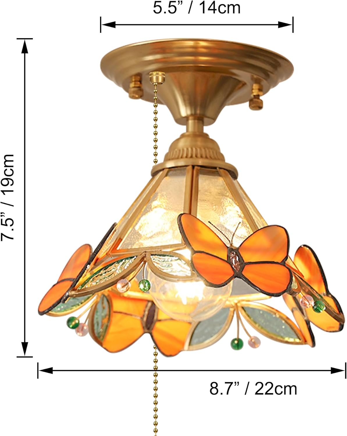 Butterflies Lamp, Zipper Switch 12V RV Decorative Ceiling Hallway Light Fixtures, 2700K Bulb Included Orange Tiffany Stained Glass Semi Flush Mount Interior Lighting for RV Camper