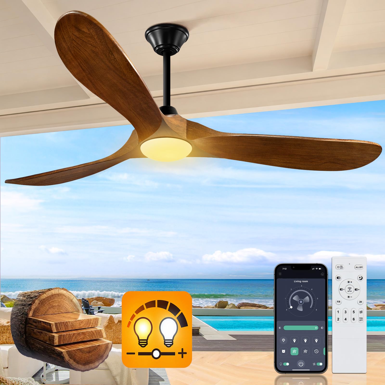 52 inch (2026 Upgrade) Outdoor Ceiling Fan with Light-Glass Lamp,3 Blade handcrafted Wood Propeller Ceiling Fans with Lights &amp; Remote,Exterior Damp Rated High CFM Ceiling Fans Modern Smart APP, Walnut