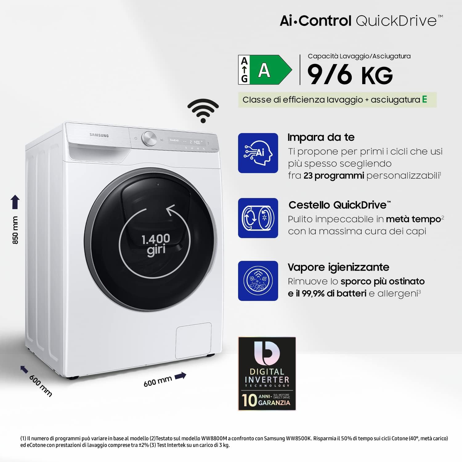 Samsung Lavasciuga Ai Control QuickDive™, WD90T954DSH/S3, Libera installazione, 9+6 Kg, 1400 RPM, Classe A/E, WI-FI, Vapore, Caricamento Frontale, 60l x 85h x 65p cm