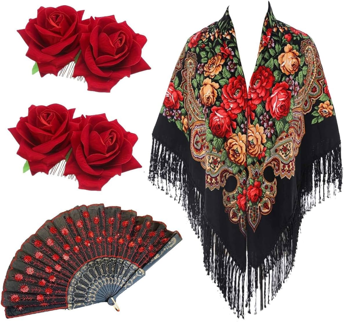 4Pcs Raditional Mexican Flamenco Dress for Women,Retro Scarf Wrap Tassel Floral Printing Shawl, Rose Flower Hair Clip Comb,Embroidered Sequins Handheld Folding Fan Halloween Day of the Dead Costumes