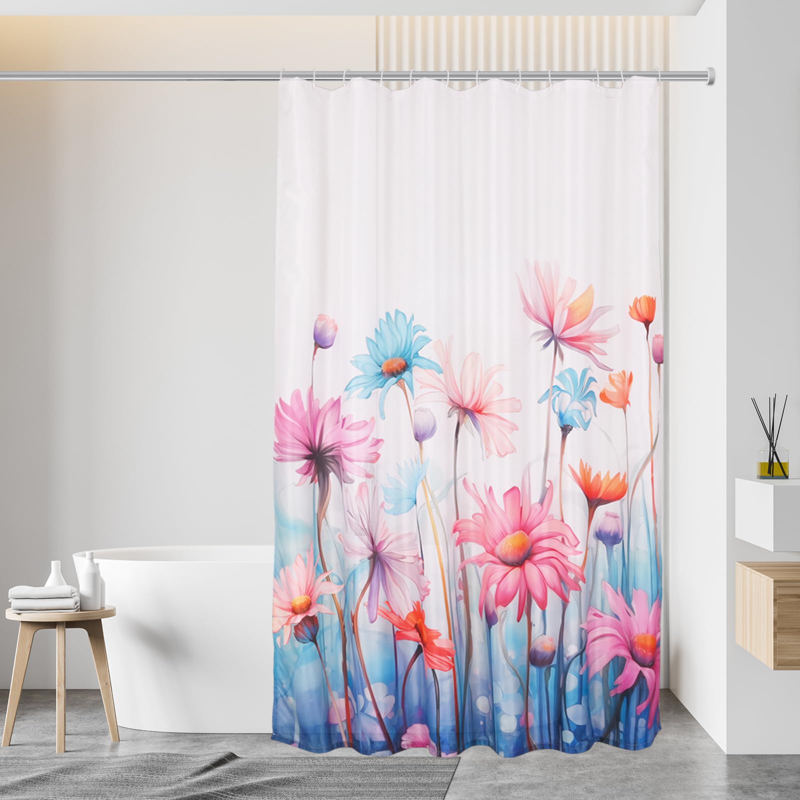Alishomtll Cortina de ducha de 180 x 200 cm, impermeable, antimoho, dobladillo con peso, tela de poliéster lavable, cortina de baño para bañera o baño, cortina de ducha de flores coloridas con anillos