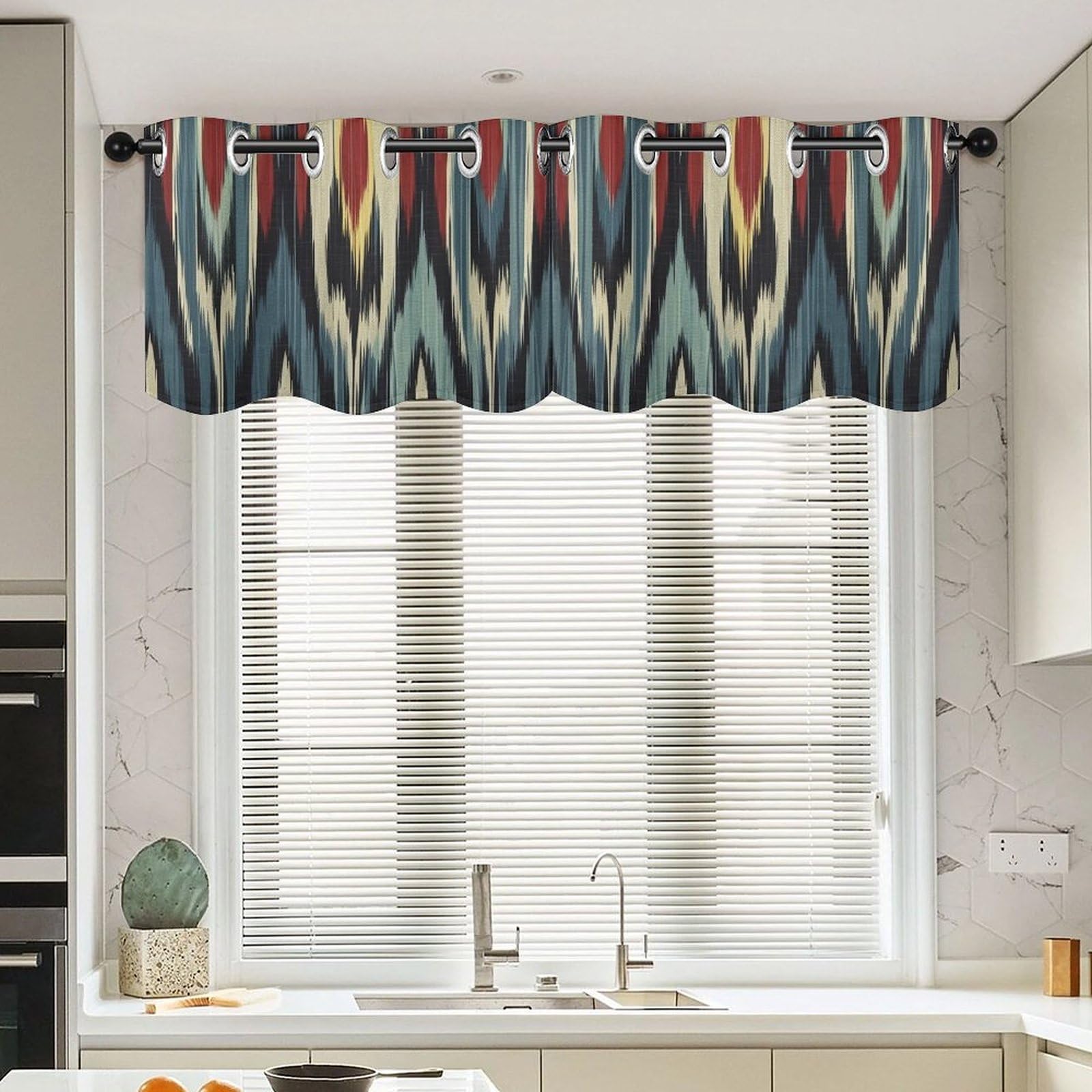 Rideaux cantonnières de cuisine 132x45 cm bleu rouge | Stores orientaux salon 2 pièces