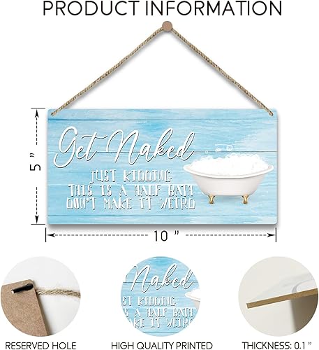 Miniatura 2 de Letrero de baño con texto en inglés Get Naked Half Bath, placa de madera impresa para colgar en la puerta de 10 x 5 pulgadas, decoración de madera