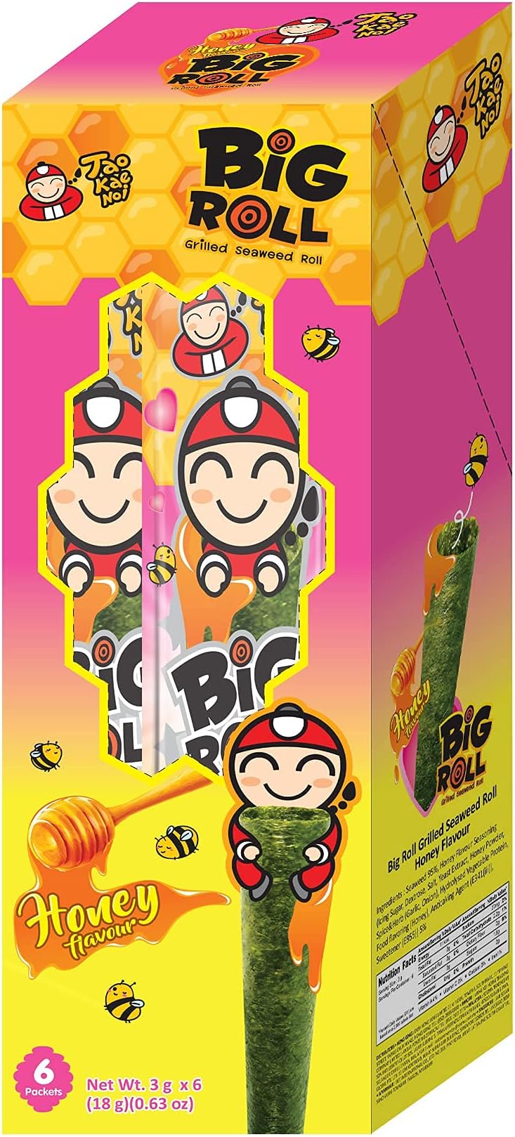 Big Roll Grilled Seaweed Snacks by Tao Kae Noi, Honey Flavor Grilled Seaweed Rolls, Healthy Nori Sheet Rolls for Kids and Adults, 6 pack, 3g Bags