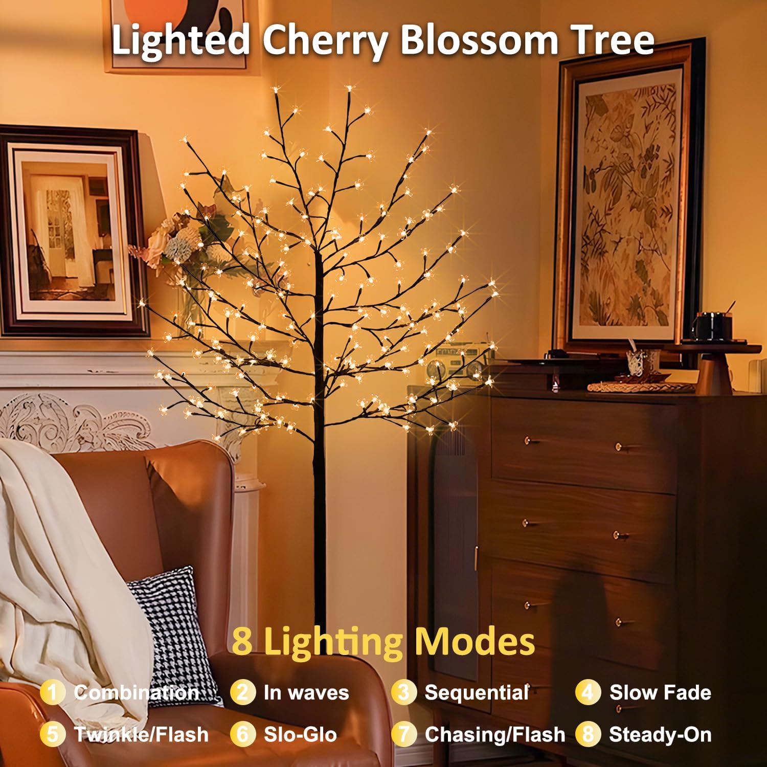 Lighted Cherry Blossom Tree, 6FT Prelit Artificial Cherry Tree with 200 Warm White LED Lights Waterproof for Inside and Outside, Patio Home Wedding Festival Christmas Decoration, Plug in