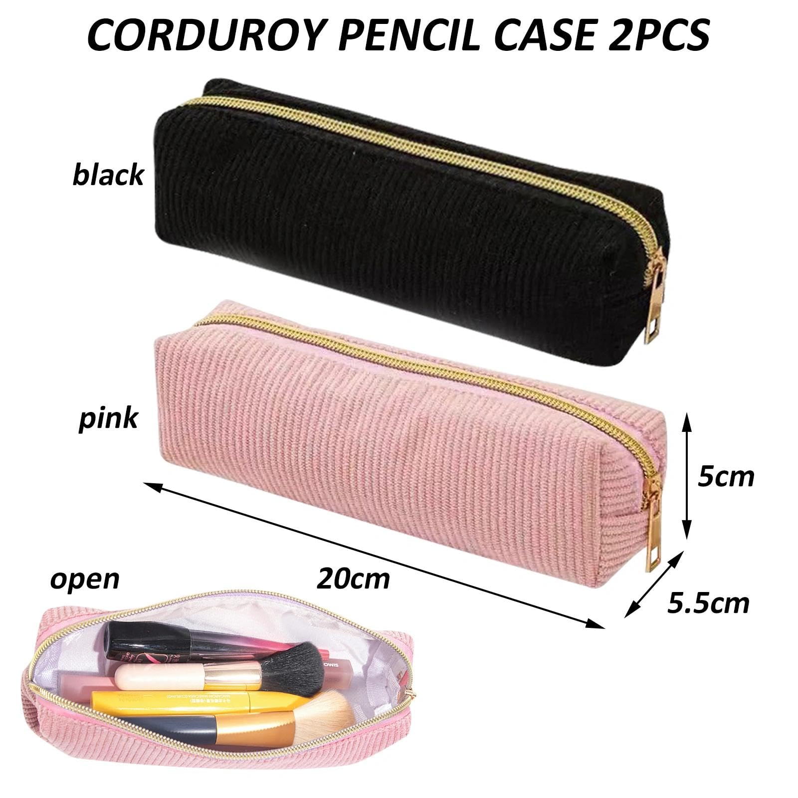 2 Pezzi Astuccio in Velluto a Coste, Elegante Astuccio per Ragazzi e Ragazze, Con Pratica Chiusura Lampo per Scuola, Università e Ufficio (Rosa/Nero)