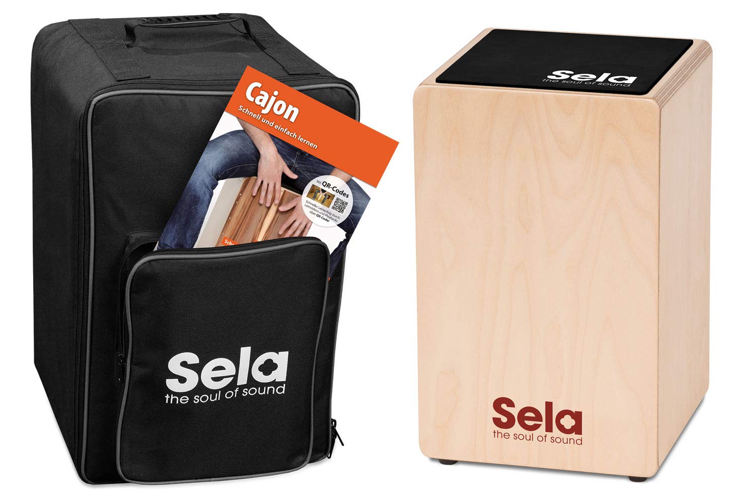 Sela SE 119 Primera Cajon beginner bundle with backpack, cajon pad, German Cajon book, CD and DVD
