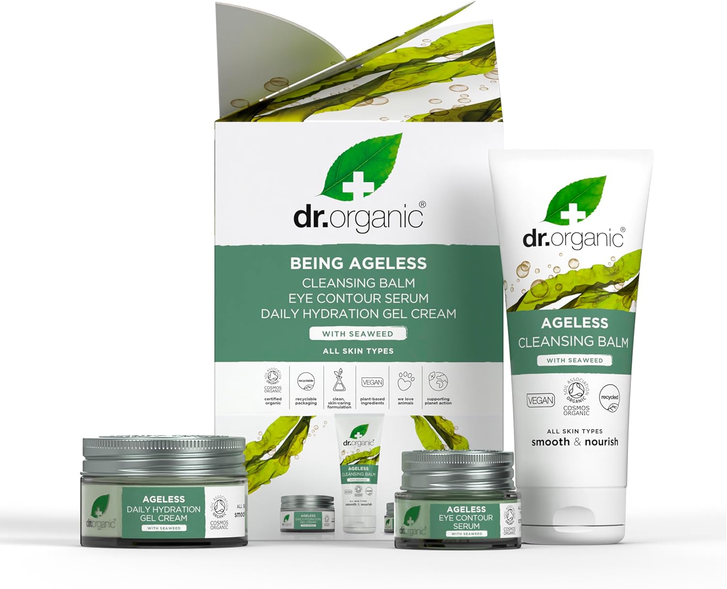 Dr Organic Ageless Skincare Set with Organic Seaweed Cleansing Balm, Face Cream & Eye Serum, Moisturising, Fine Lines, Wrinkles, Gift Set, Vegan, Cruelty-Free, Paraben & SLS-Free, Certified Organic