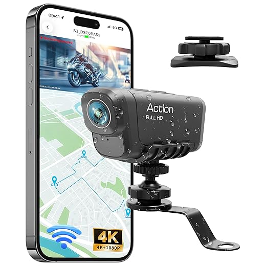 Dashcam Moto 4K+1080P, Doppia Telecamera, Impermeabile IP65, F2,2 Visione Notturna, Action Cam Moto con WiFi GPS, Mini Telecamera con HDR & APP Per Bicicletta