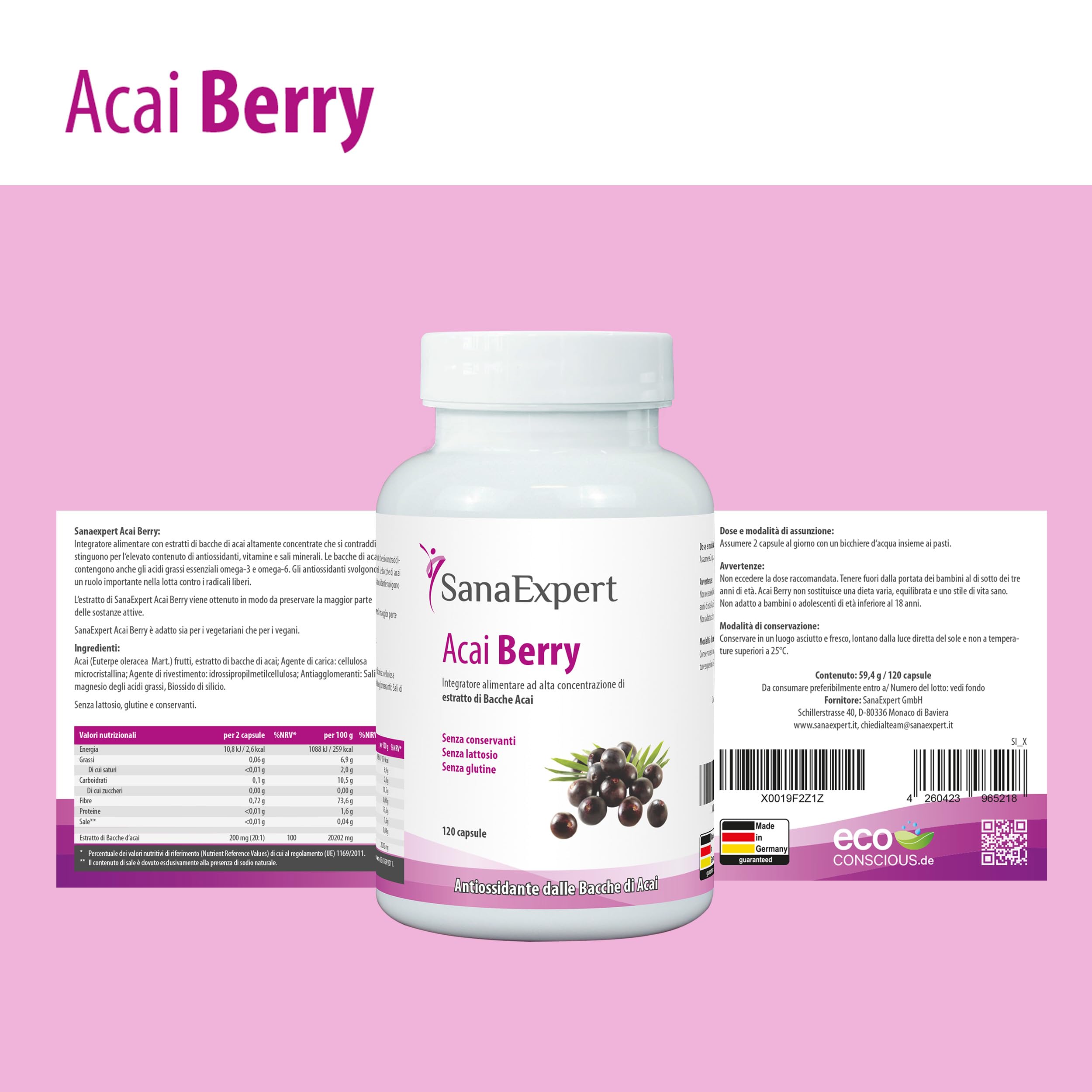 SanaExpert Beauty & Antiossidanti Bundle – ElaBeauté Collagene Verisol® 150g + Acai Berry 120 Capsule – Con Q10, Biotina e Estratto di Açaí – Prodotto in Germania