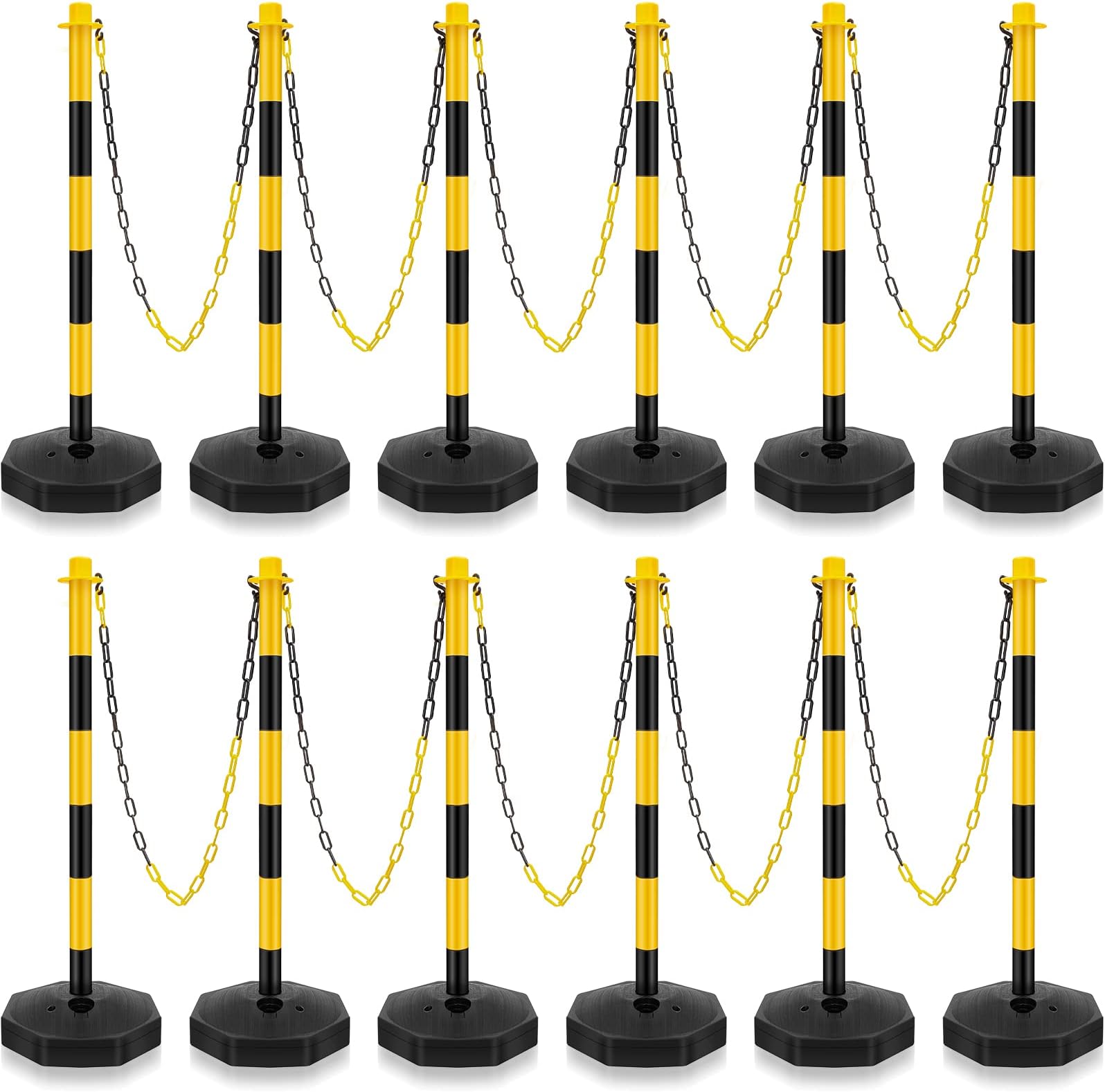Traffic Delineator Post Cone, Plastic Stanchion Post Set Crowd Control Stands Barrier with 6.6 ft Link Chain and S Hooks for Parking Lot Construction Caution Roads, Yellow, Black (12 Sets)