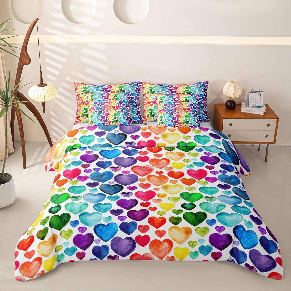 Homemissing Liebesherz Bettwäsche Pärchen Buntes Liebesherz Bettwäsche 135x200 7teilig Regenbogen Herz Bettwäsche-Set 1 Bettbezug,1 Spannbettlaken,1 Bettlaken,2 Kissenbezüge,2 Dekokissenbezüge